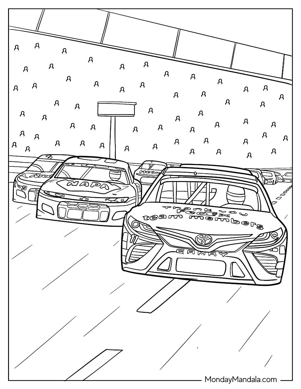 NASCAR Coloring Page Race Cars On Track With Crowd In Background coloring page