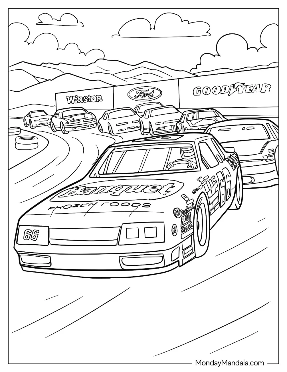 Realistic NASCAR Coloring Page Cup Series Cars On Race Track coloring page