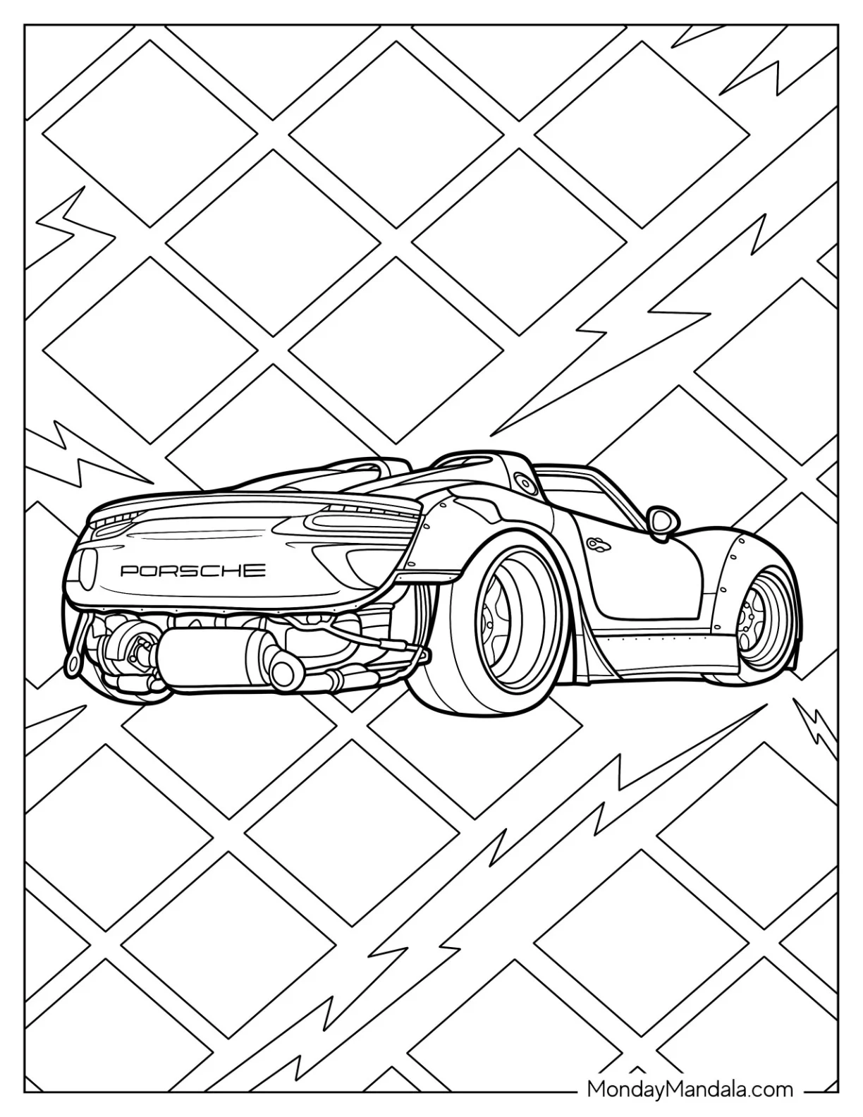 Detailed Porsche Coloring Page 918 Spyder Wide coloring page — printable line art
