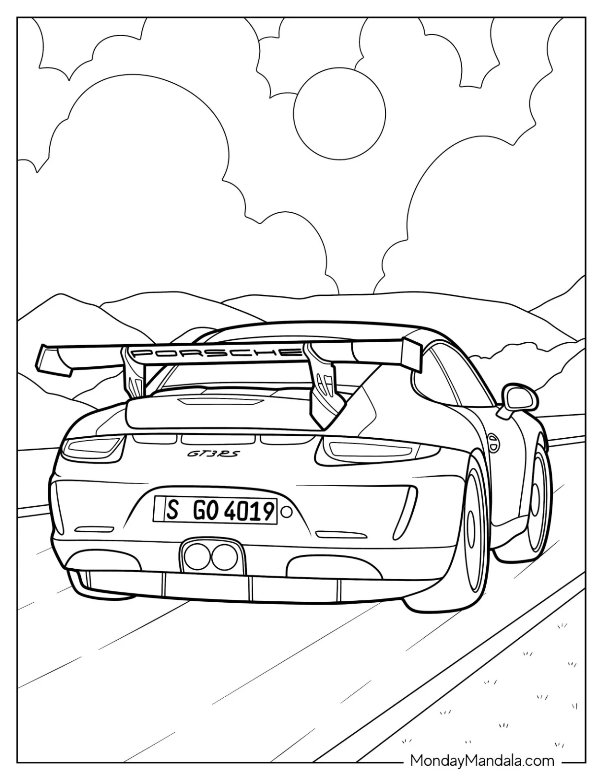Realistic Back View Of Porsche Coloring Page On The Road coloring page