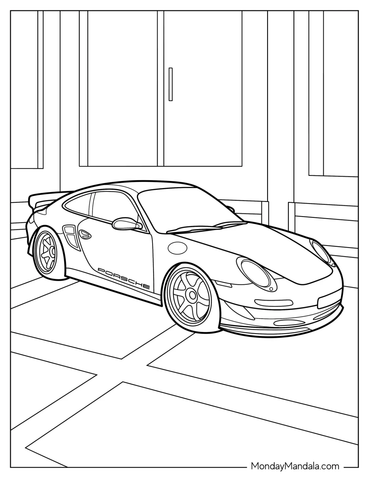 Sleek Porsche Coloring Page Parked In Garage coloring page