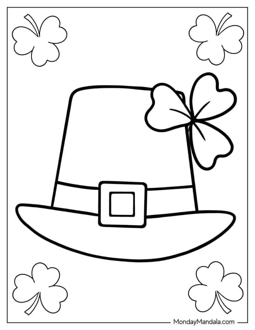 Leprechaun Hat With Shamrocks To Color coloring page — printable line art