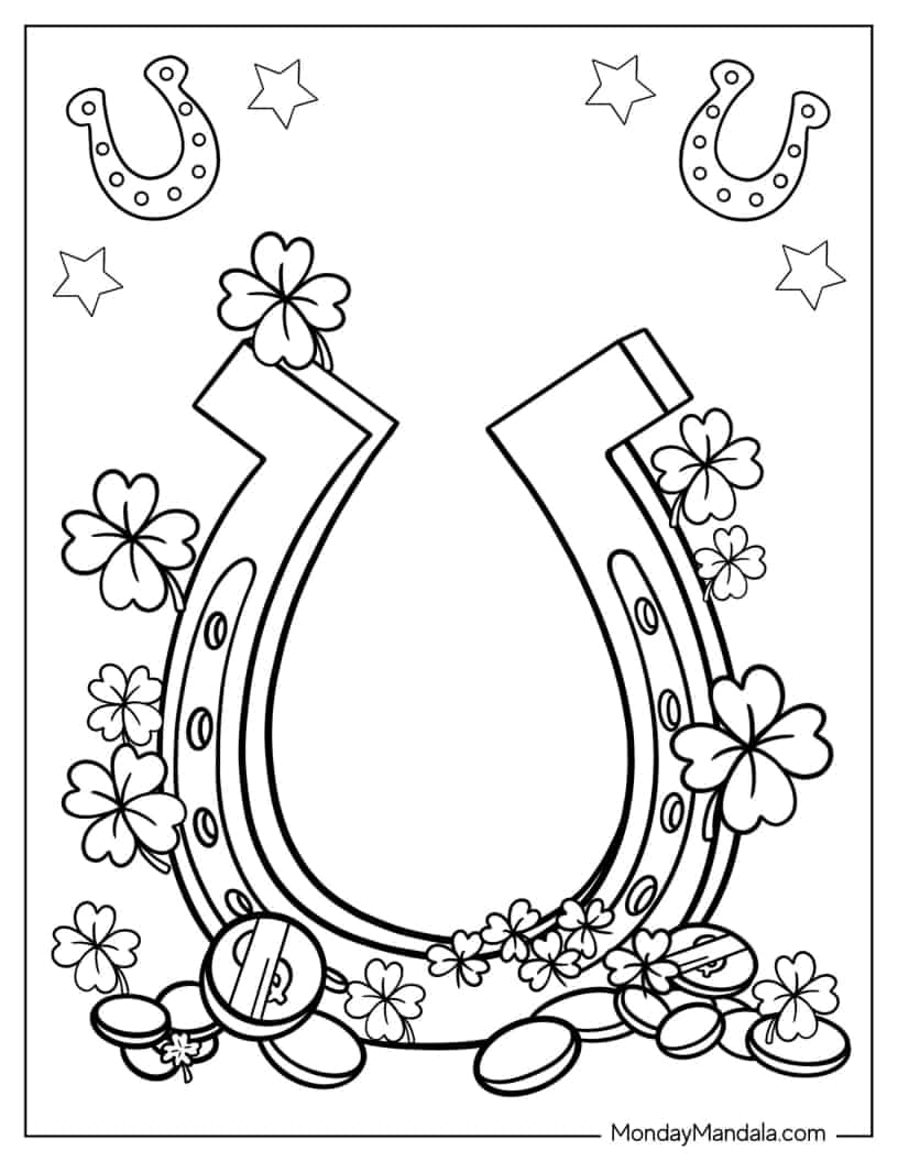 Lucky Horseshoe With Shamrocks And Coins To Color coloring page — printable line art