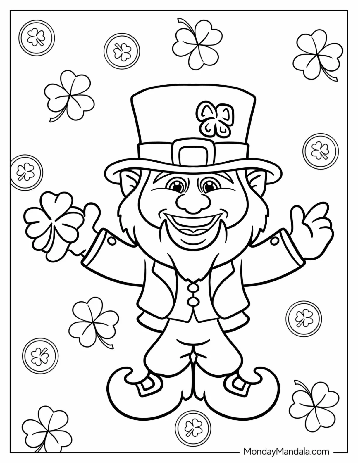 Smiling St. Patrick's Day Coloring Page Holding A Shamrock For Kids coloring page