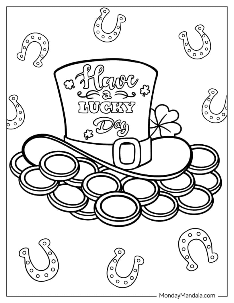 St Patrick_s Hat With Gold Coins And Horseshoe To Color coloring page