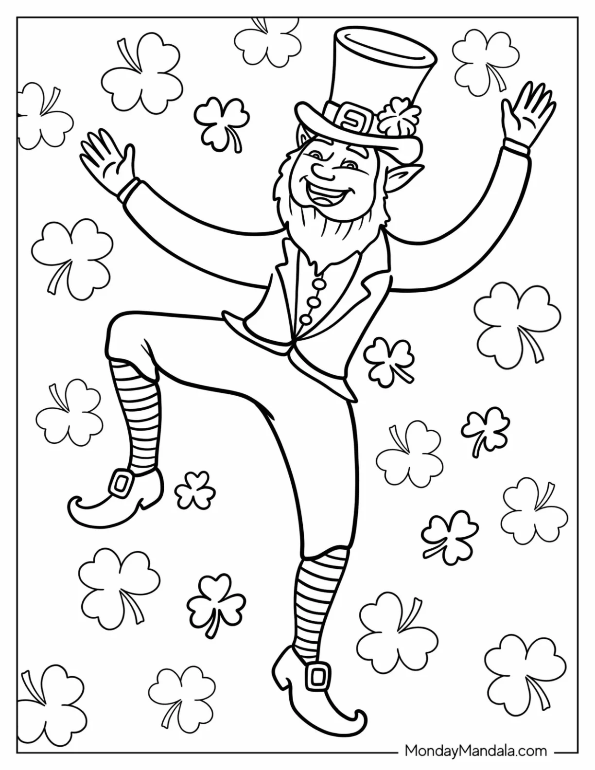 St. Patrick's Day Coloring Page Cheerful Leprechaun Dancing coloring page — printable line art
