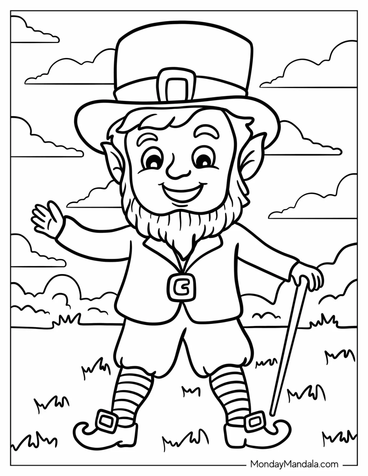 St. Patrick's Day Coloring Page Kawaii Leprechaun With A Cane coloring page