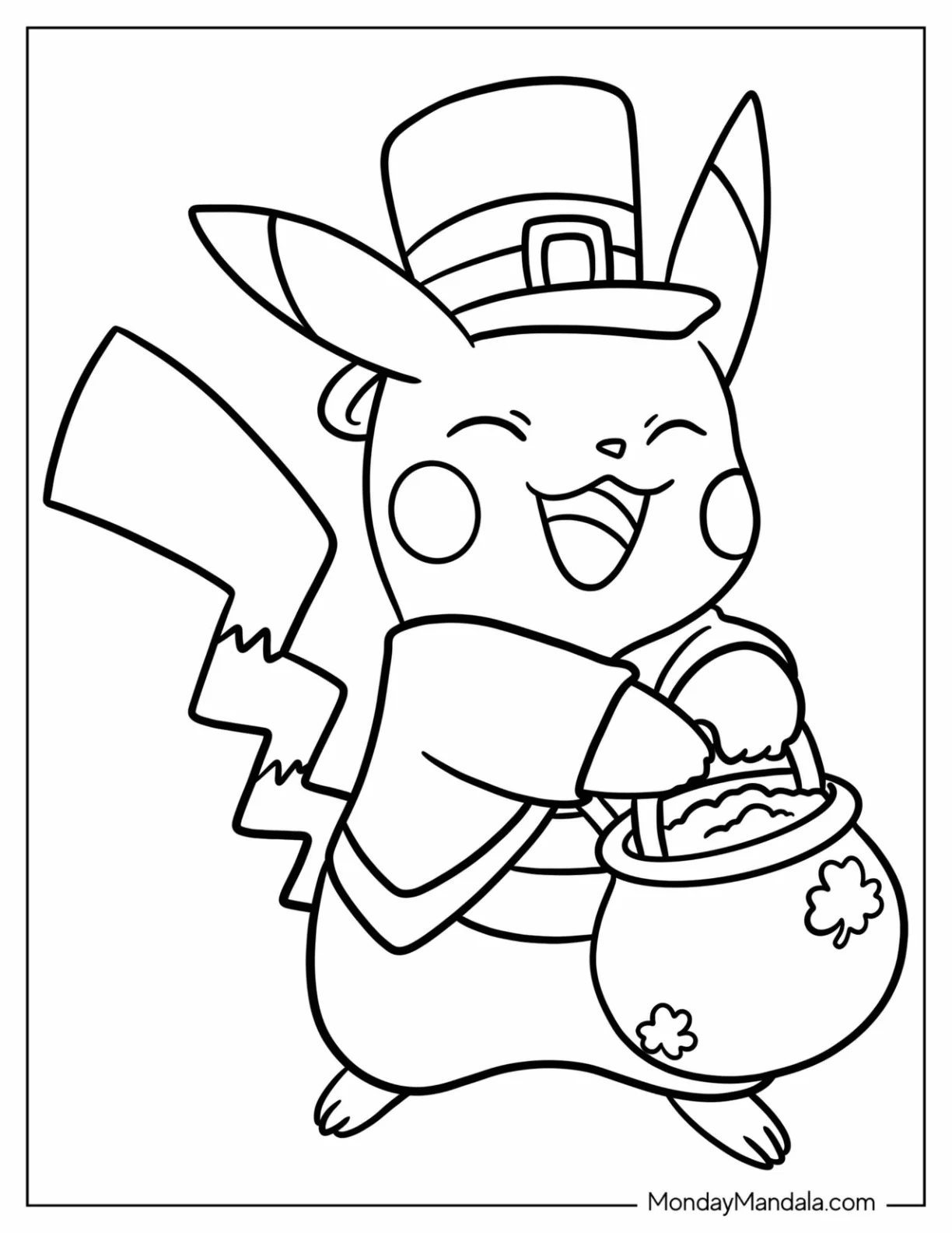 St. Patrick's Day Coloring Page Of Adorable Pikachu Dressed As A Leprechaun For Kids coloring page