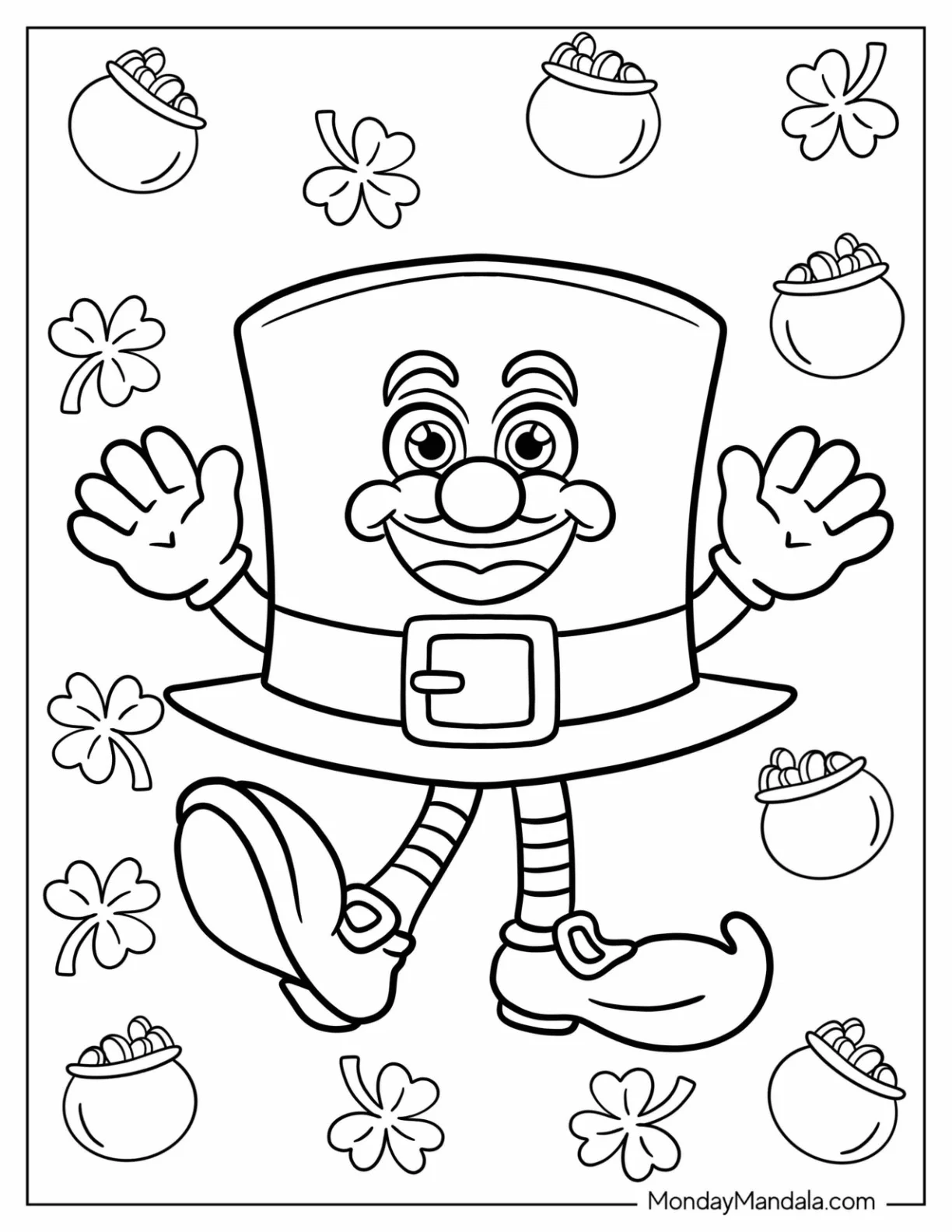 St. Patrick's Day Coloring Page Of Cartoon Leprechaun Hat With Shoes And Gloves For Kids coloring page — printable line art