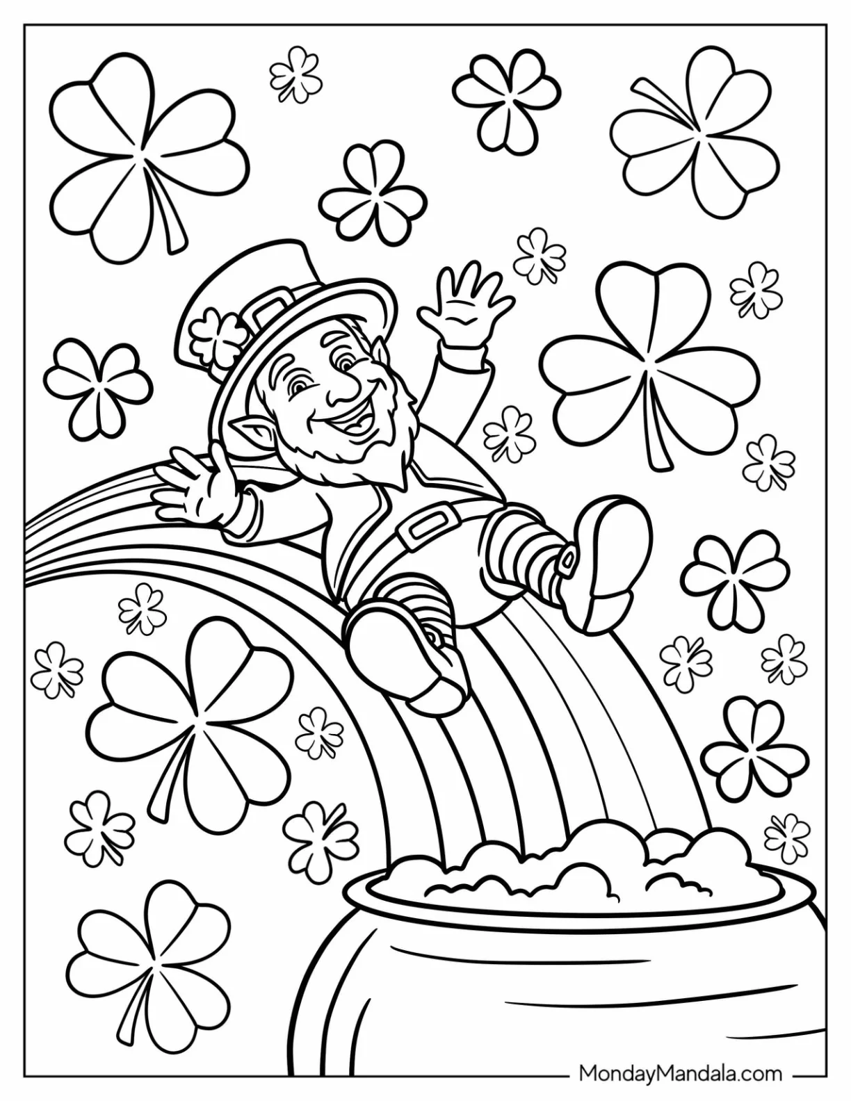 St. Patrick's Day Coloring Page Of Chibi Leprechaun Sliding Down A Rainbow To A Pot Of Gold coloring page