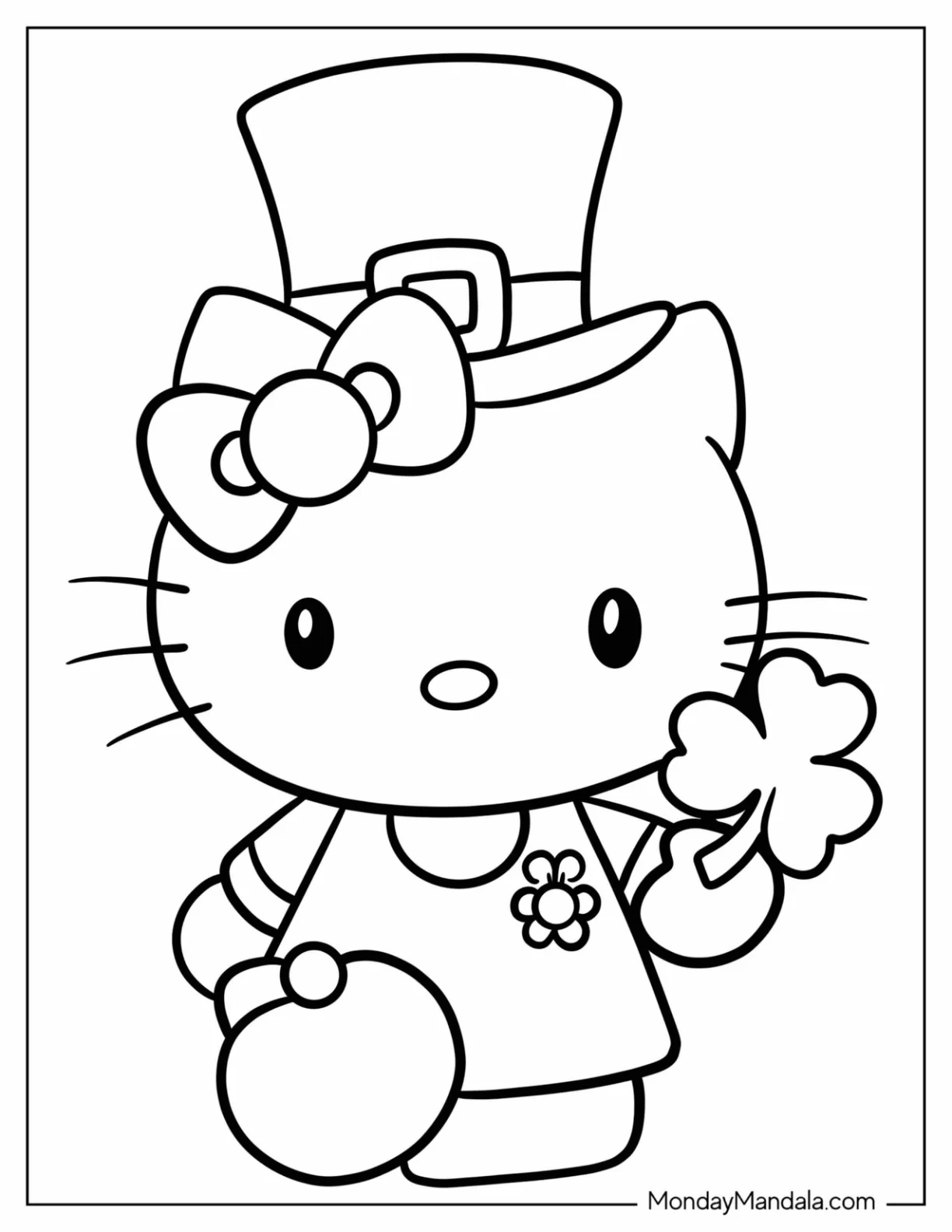 St. Patrick's Day Coloring Page Of Cute Hello Kitty Dressed As A Leprechaun With A Shamrock For Preschoolers coloring page