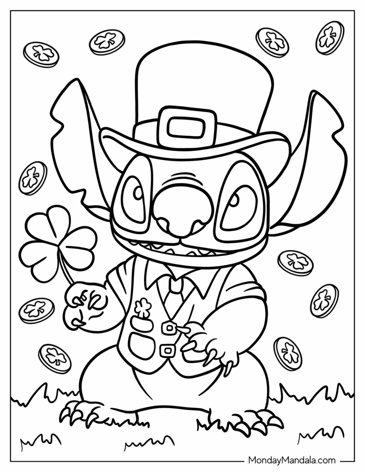 St. Patrick's Day Coloring Page Of Cute Stitch Dressed As A Leprechaun For Preschoolers coloring page