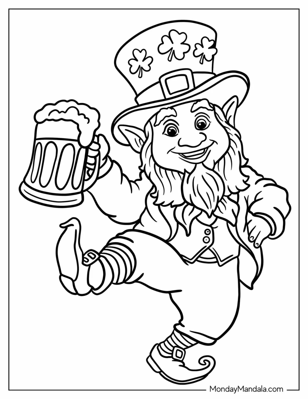 St. Patrick's Day Coloring Page Of Dancing Leprechaun Holding A Glass Of Beer coloring page