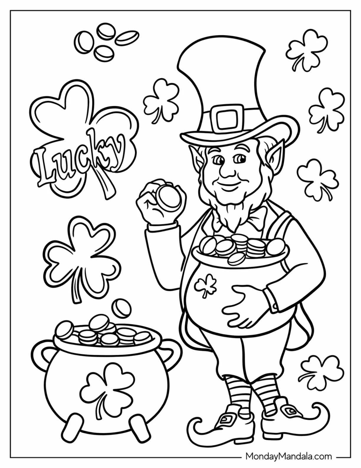 St. Patrick's Day Coloring Page Of Leprechaun Holding A Pot Of Gold For Kids coloring page