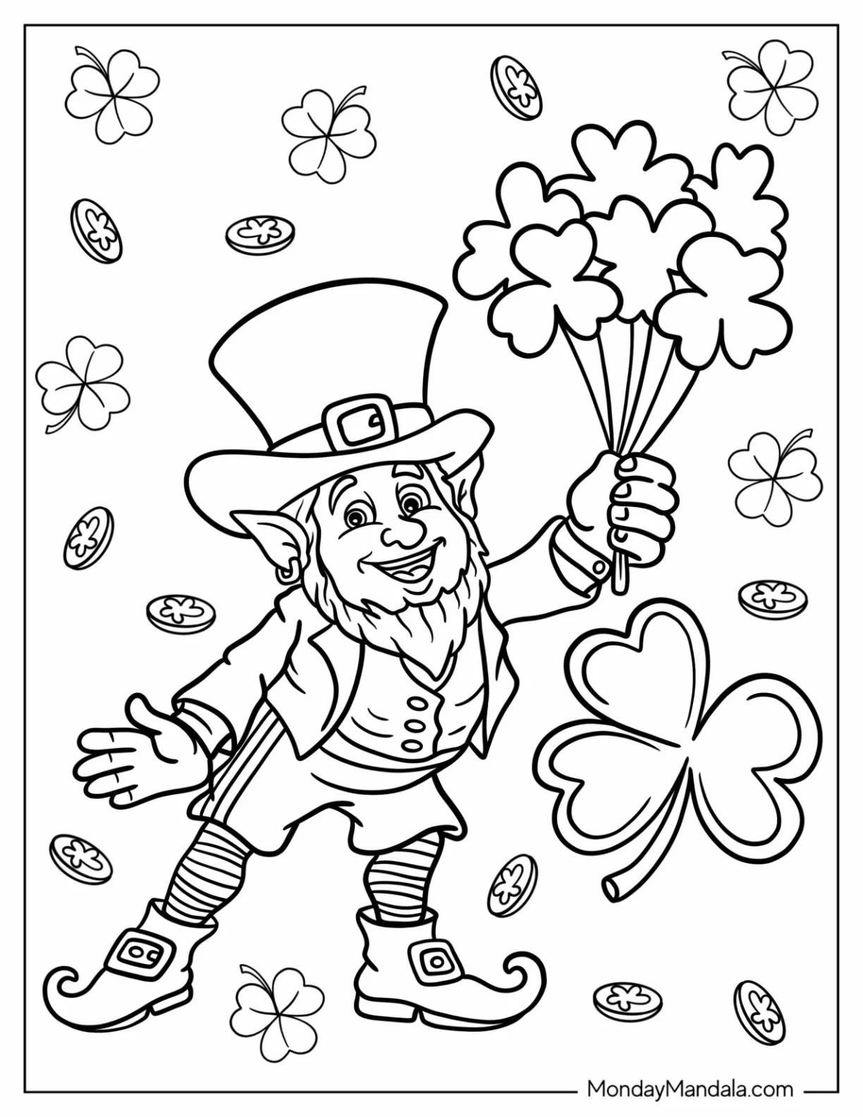 St. Patrick's Day Coloring Page Of Leprechaun Holding Up A Bunch Of Clovers coloring page