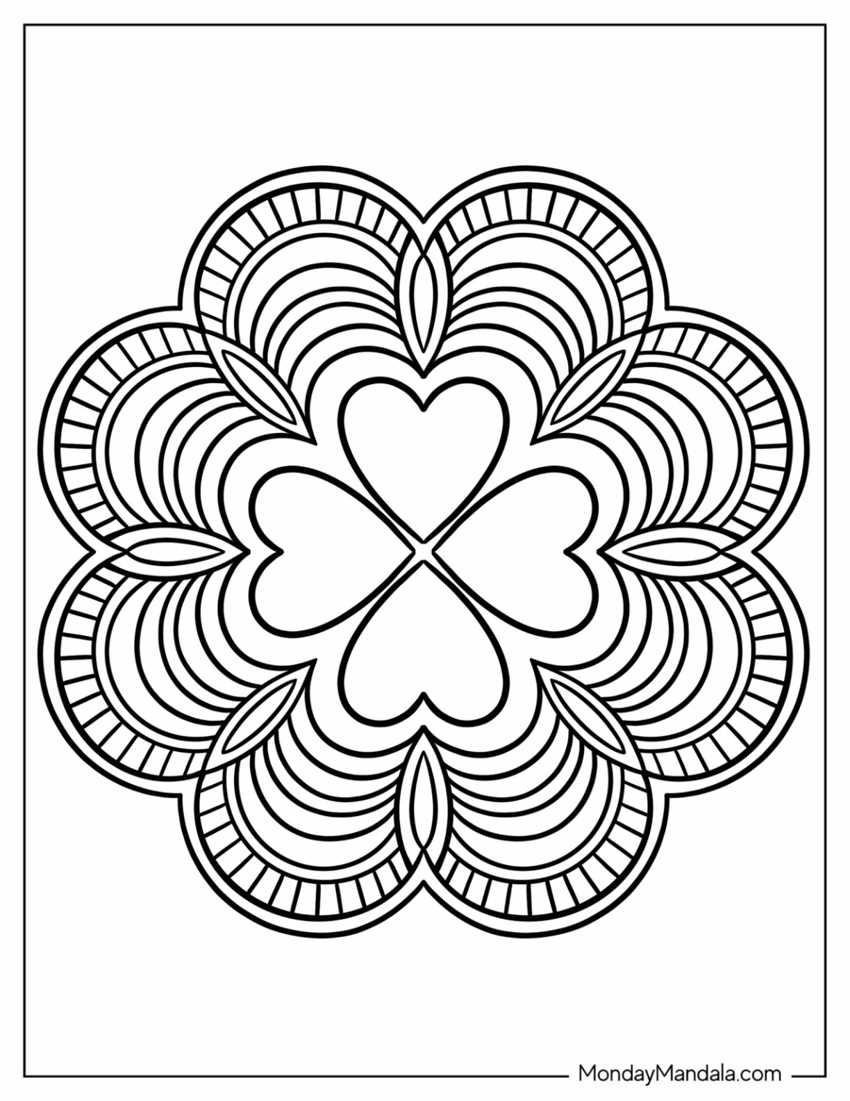St. Patrick's Day Coloring Page Of Simple Clover Mandala coloring page — printable line art
