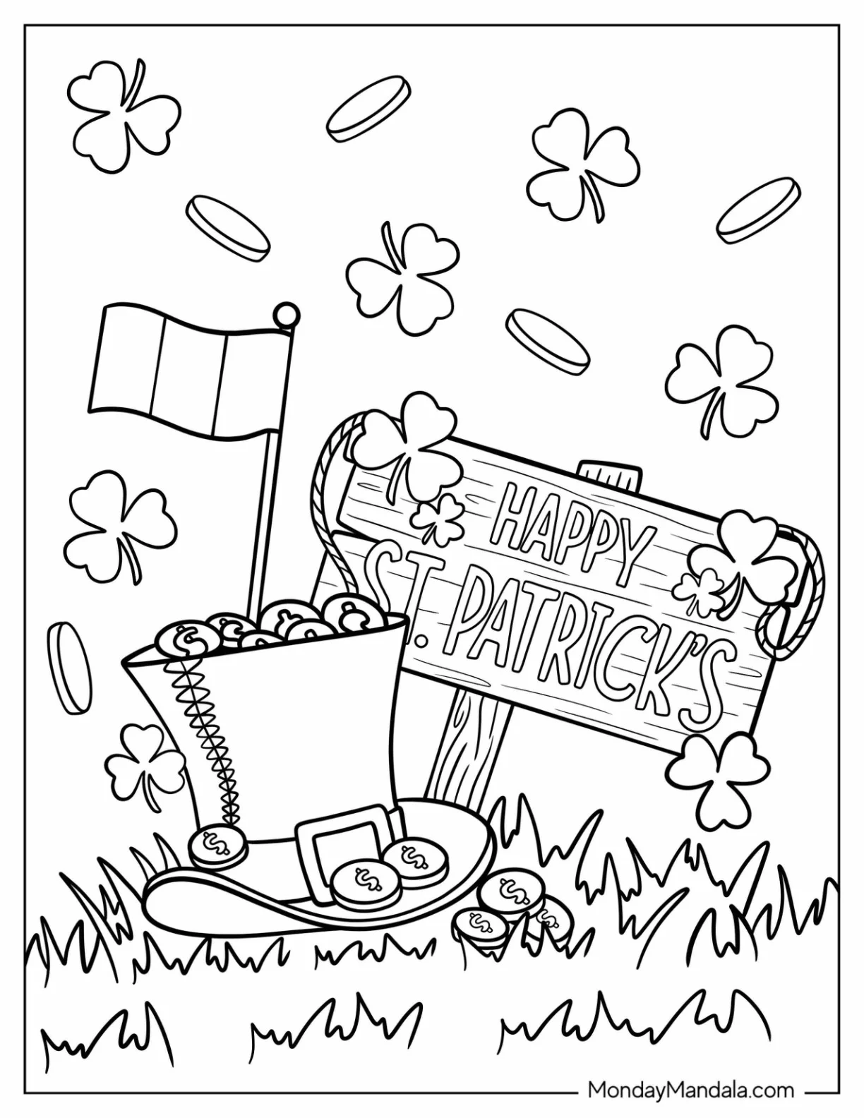 St. Patrick's Day Coloring Page Of St Patrick s Day Wooden Sign With Leprechaun Hat, Shamrocks, Irish Flag, And Gold Coins coloring page — printable line art