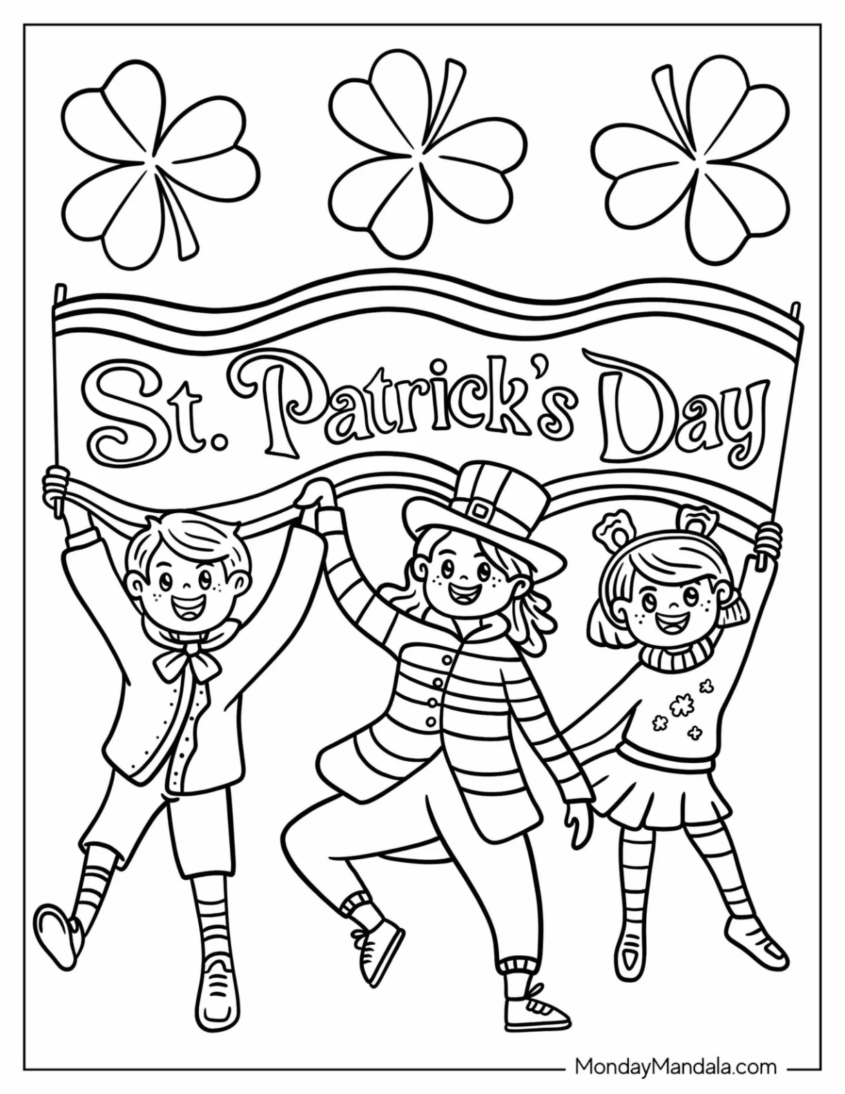 Three Children Holding Up A St. Patrick's Day Coloring Page Banner coloring page