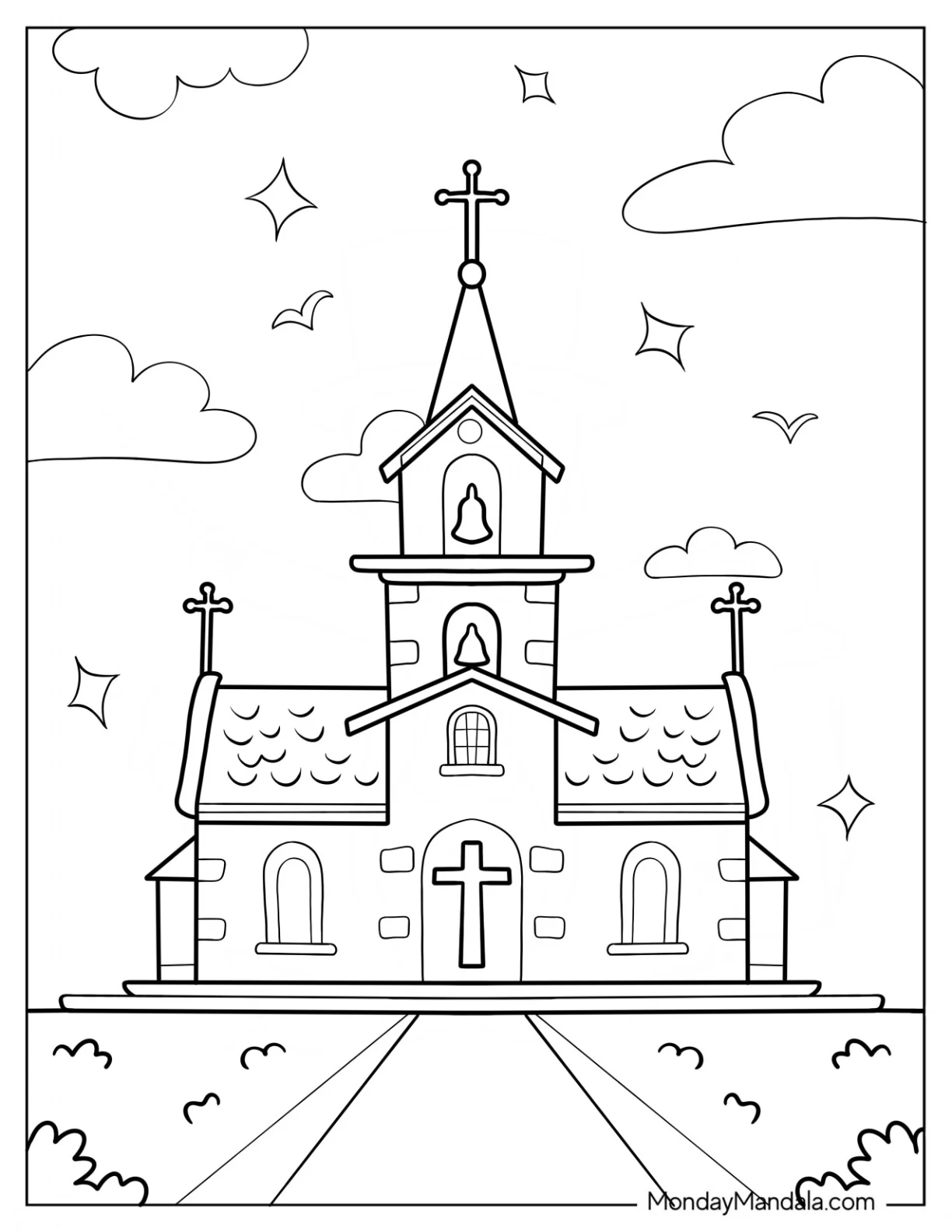 Brick Church Coloring Page Building With Crosses And A Bell Tower coloring page — printable line art