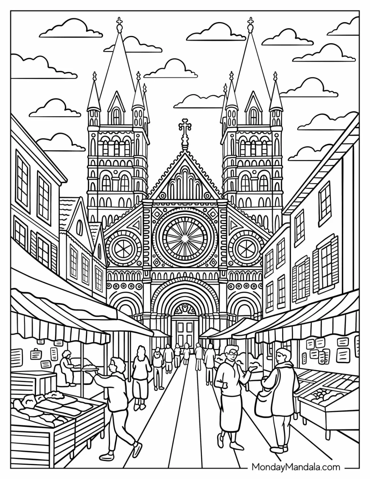 Busy Town Market Leading to Historic Cathedral Church Coloring Page coloring page — printable line art