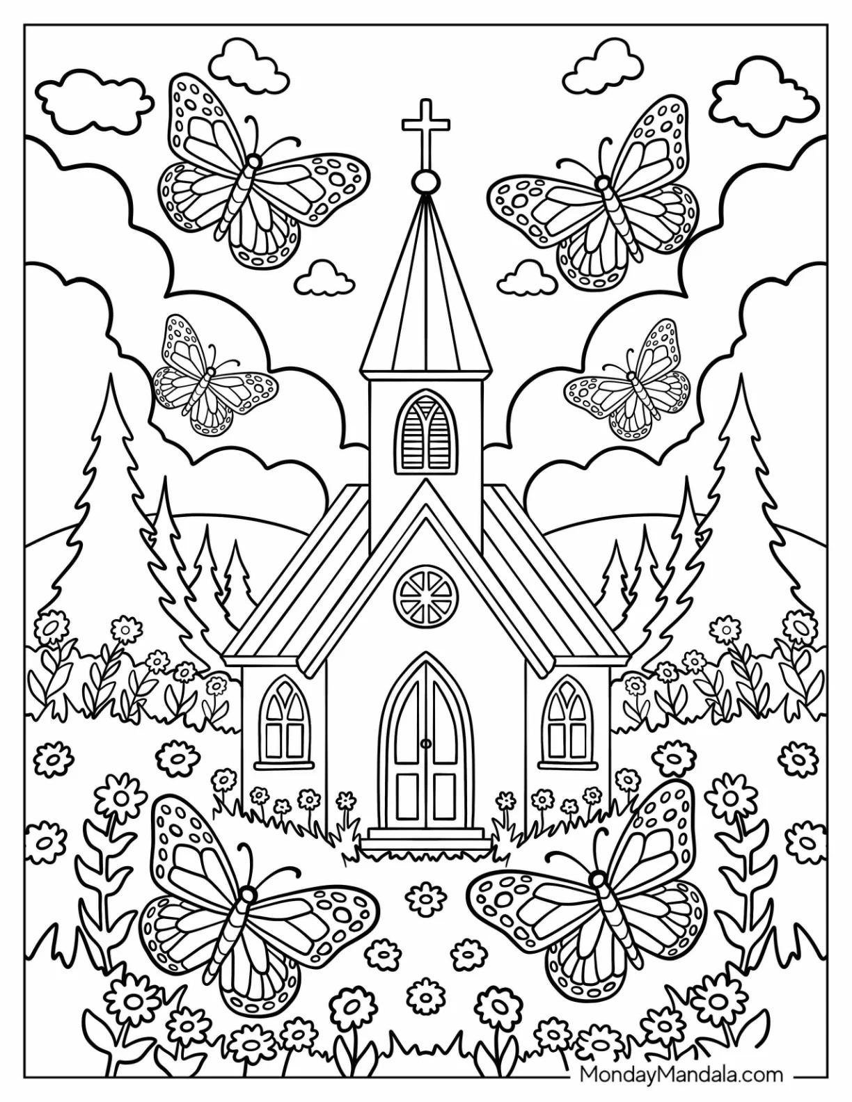 Butterflies Flying Over Flower Garden Church Coloring Page coloring page — printable line art