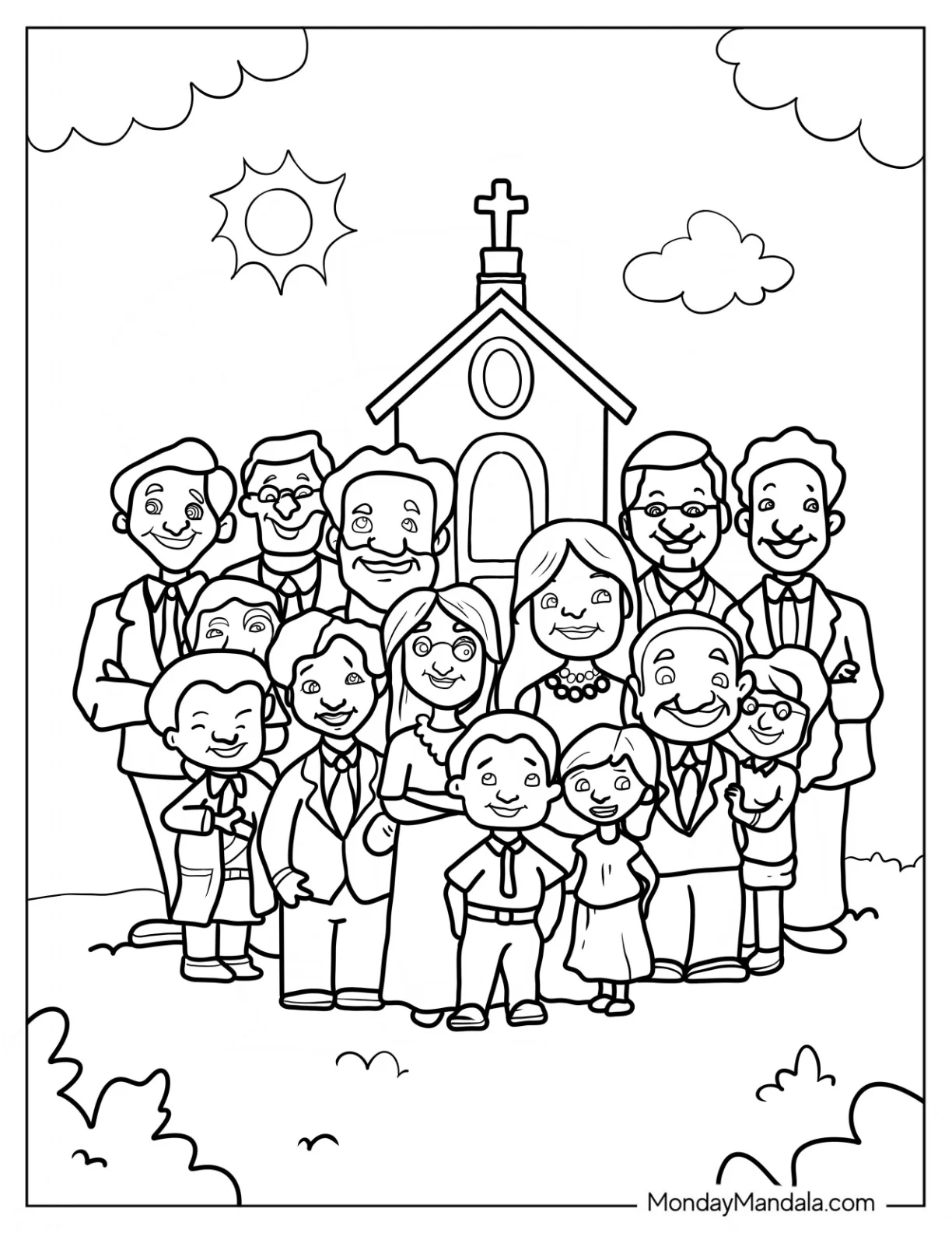 Cartoon Church Coloring Page Goers Standing In Front Of The Church Building For Kids coloring page — printable line art