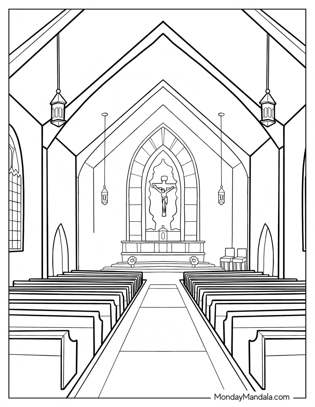 Church Coloring Page Interior With Pews, Stained Glass, And The Crucifixion coloring page — printable line art