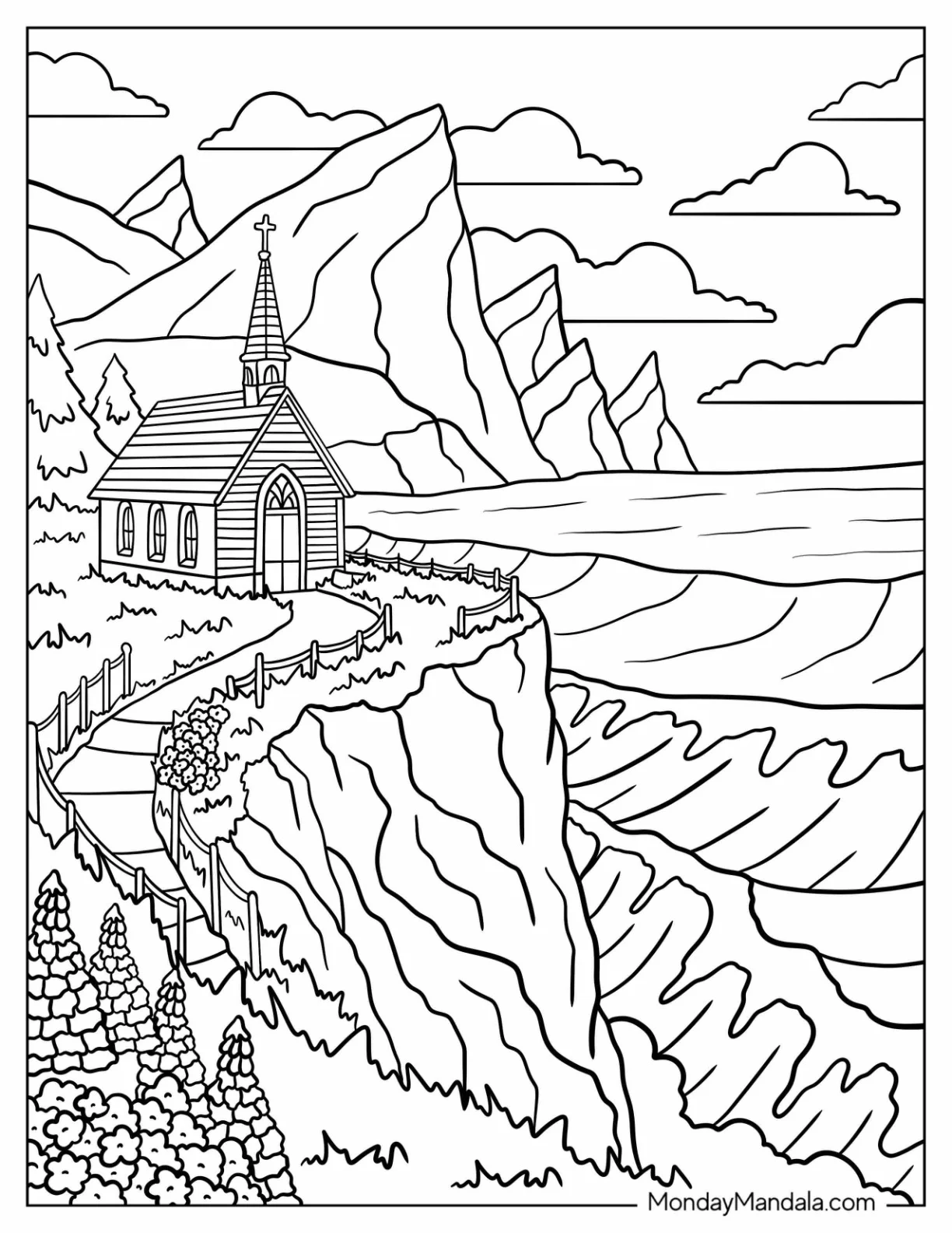 Cliffside Church Coloring Page Overlooking Mountains and Ocean for Kids coloring page