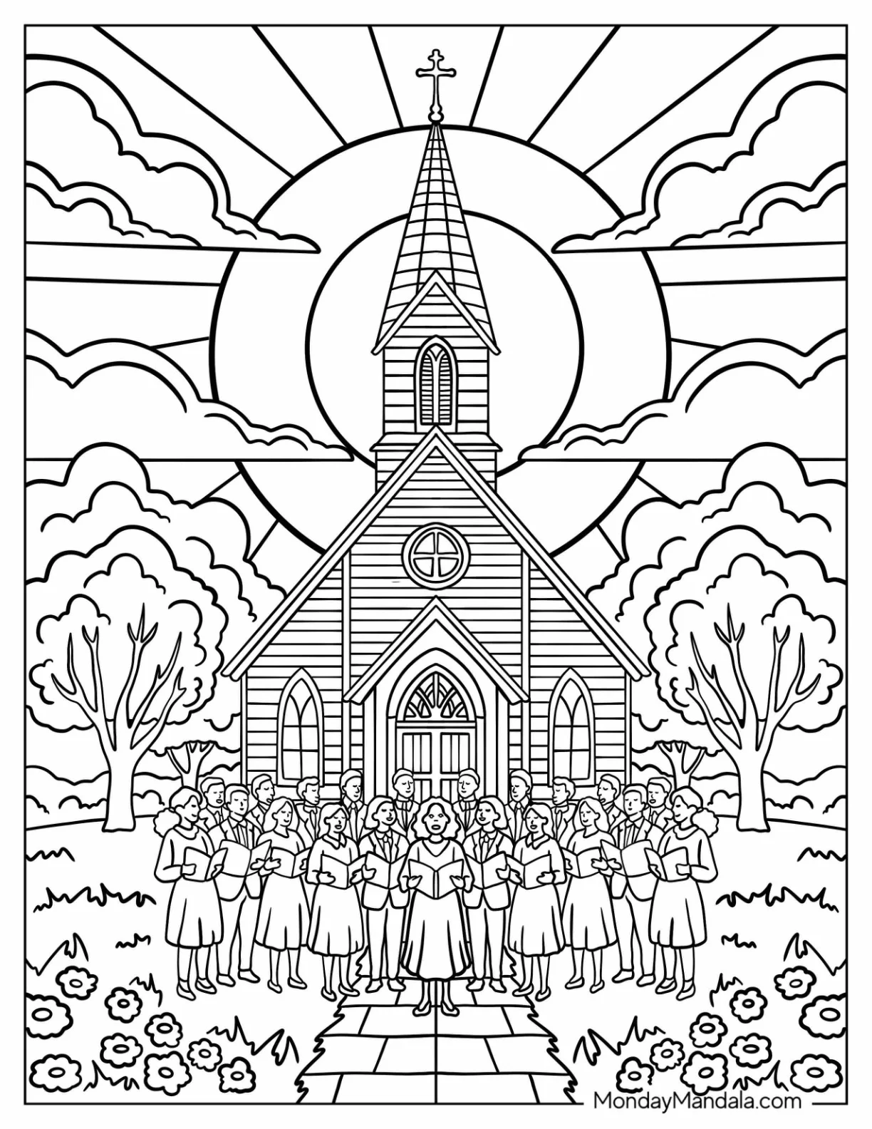 Country Church Coloring Page with Choir Singing at Sunrise coloring page