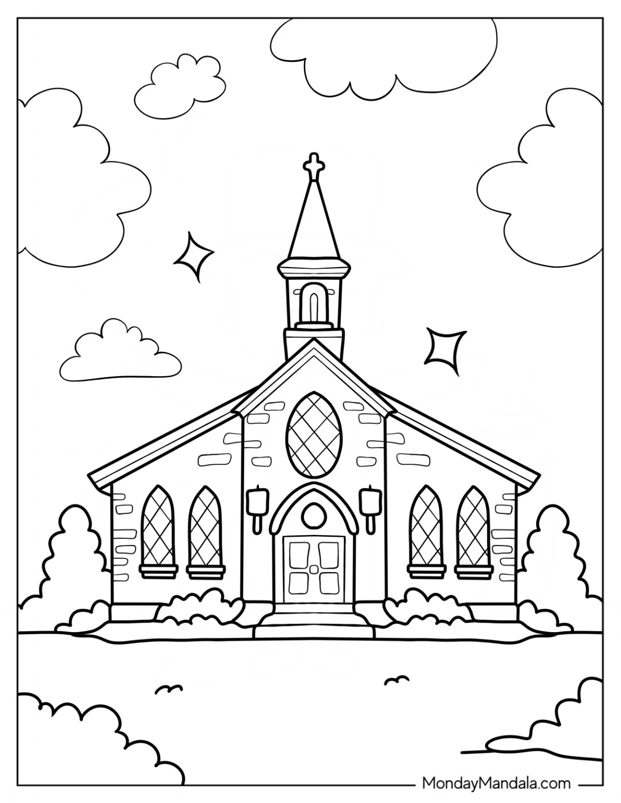 Cute Brick Church Coloring Page With A Tower For Kids coloring page