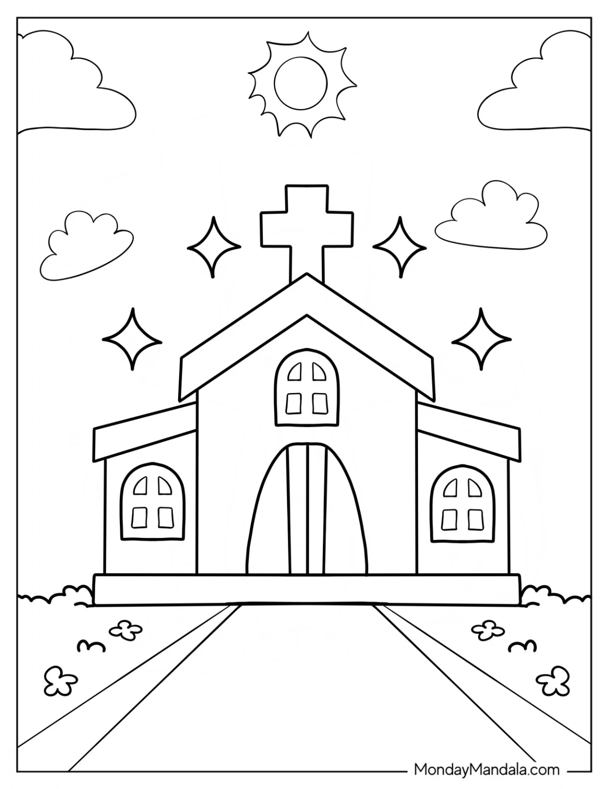 Cute Church Coloring Page With Flowers In Front coloring page