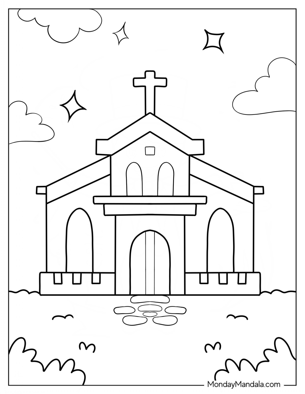 Easy Church Coloring Page Outline With A Cross For Preschoolers coloring page