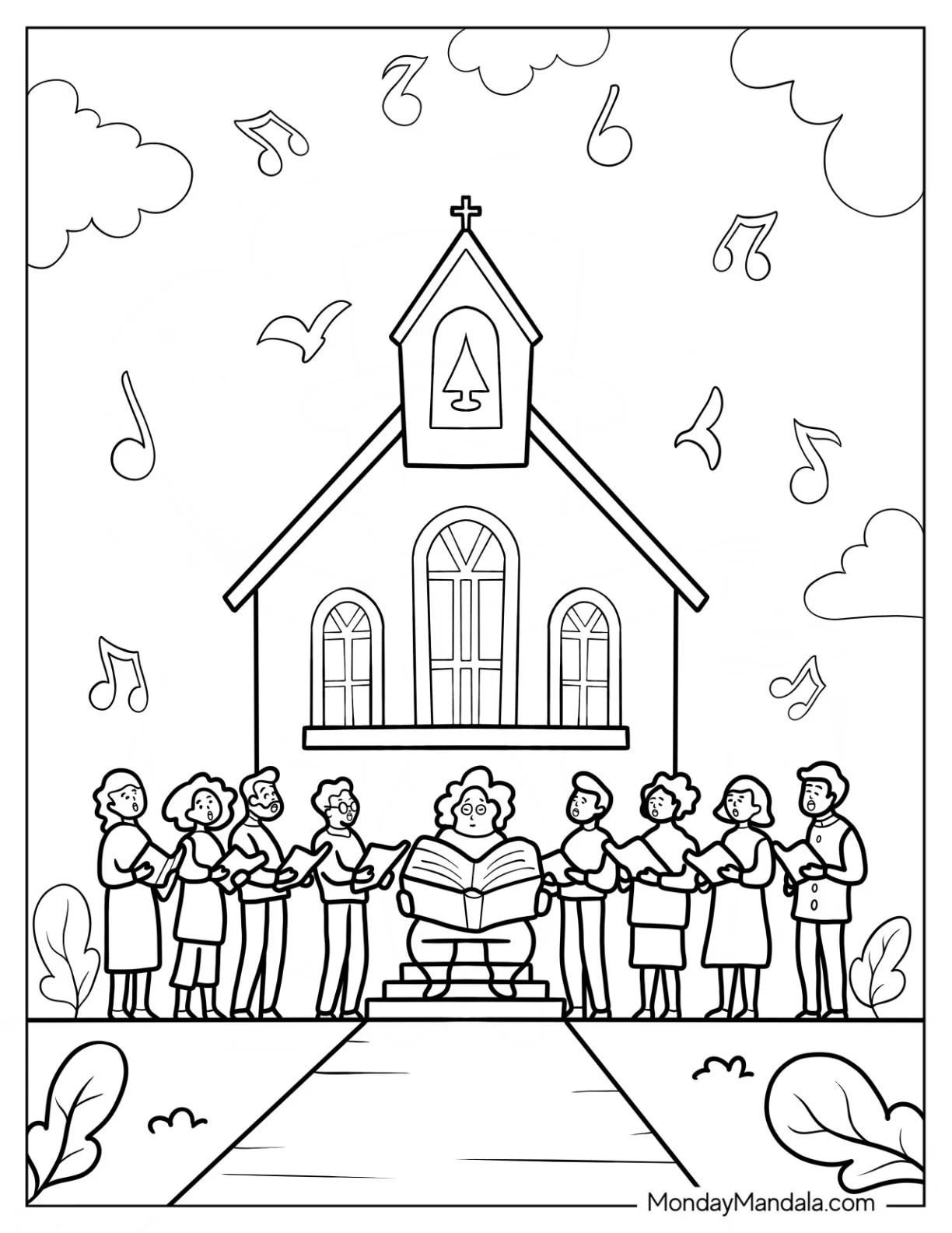Easy Outline Of Church Coloring Page With Choir For Kids coloring page