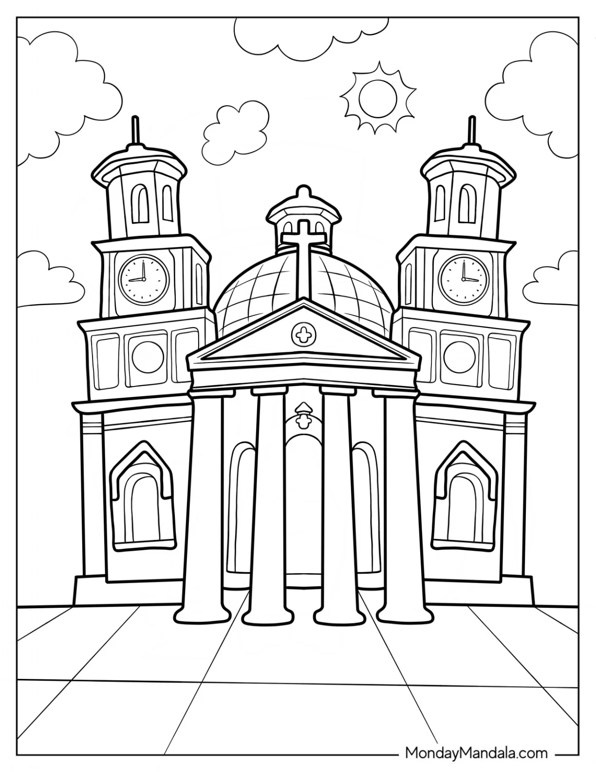 Exterior Of A Big Protestant Church Coloring Page With Clock Towers coloring page