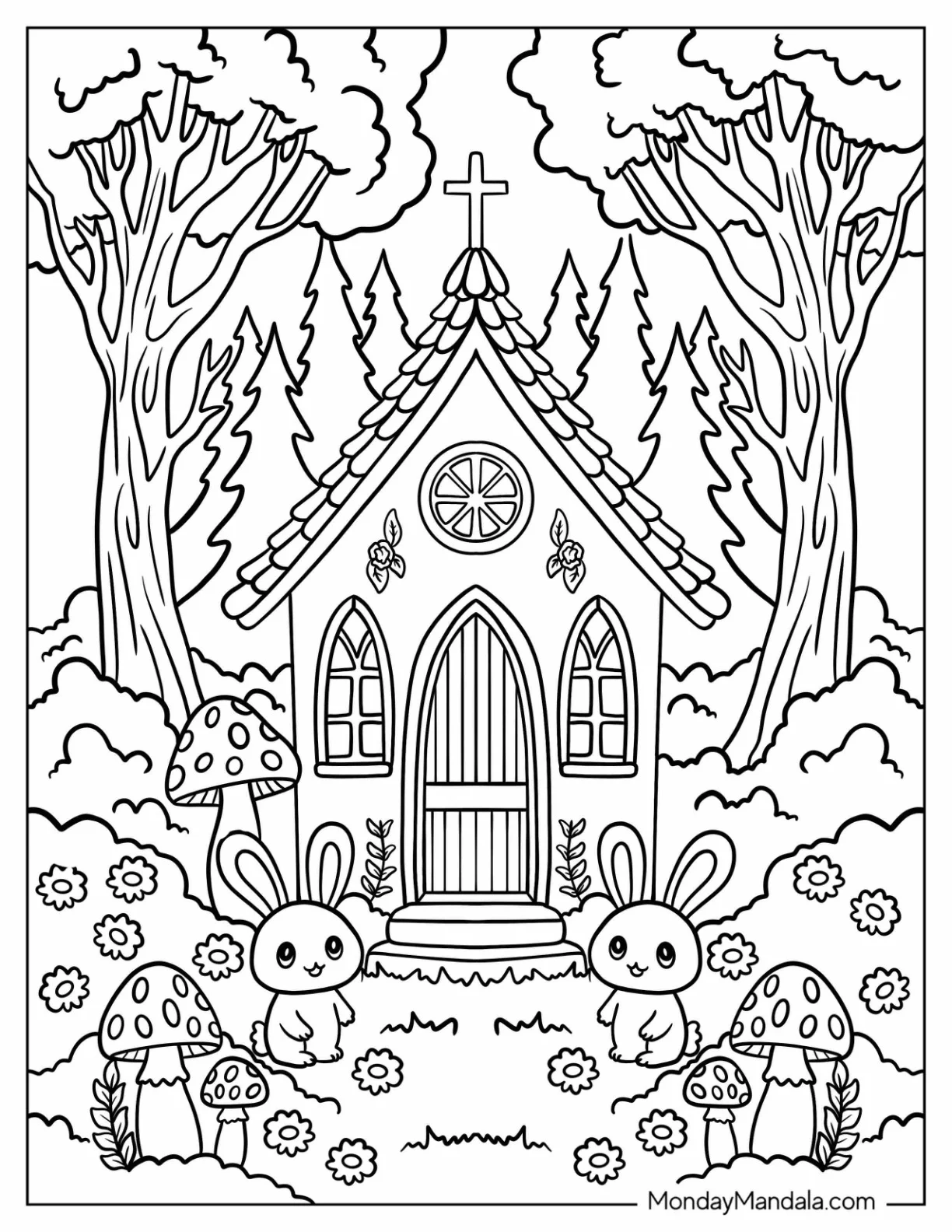 Fairy Tale Forest Church Coloring Page with Bunnies and Mushrooms for Kids coloring page