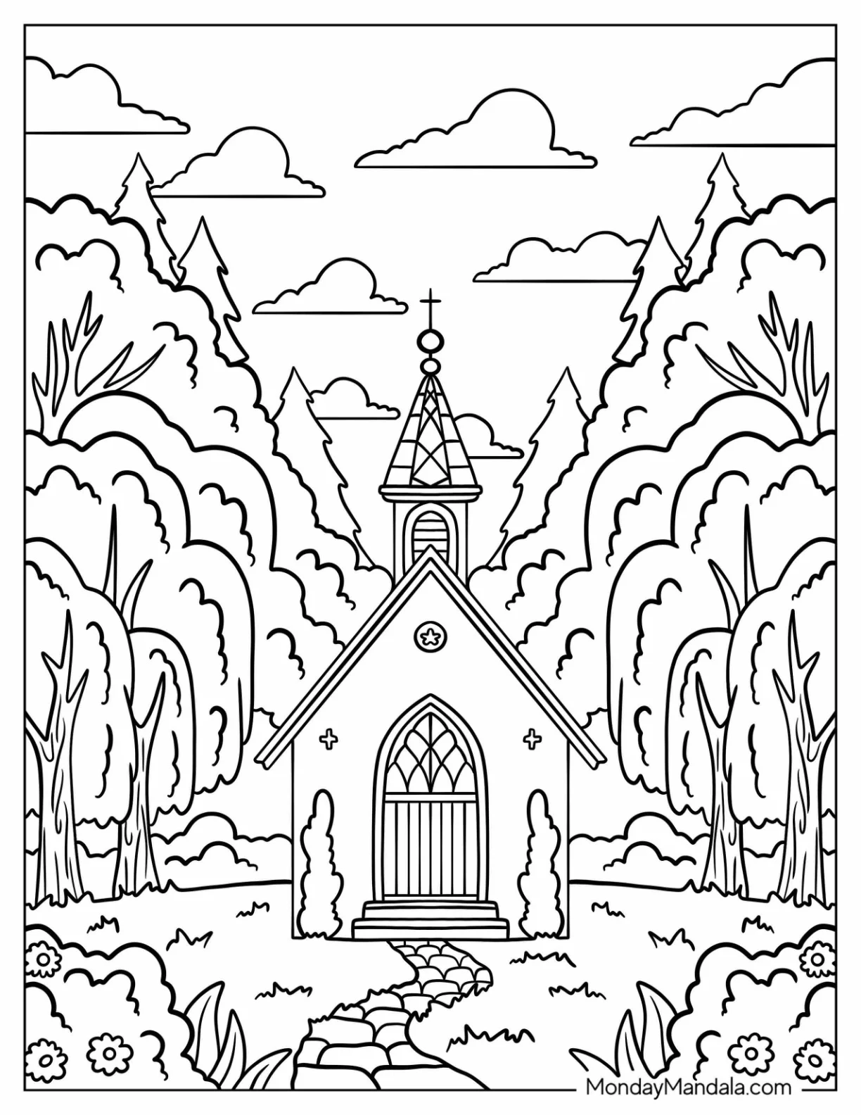 Forest Church Coloring Page Hidden Among Trees with Stone Path coloring page