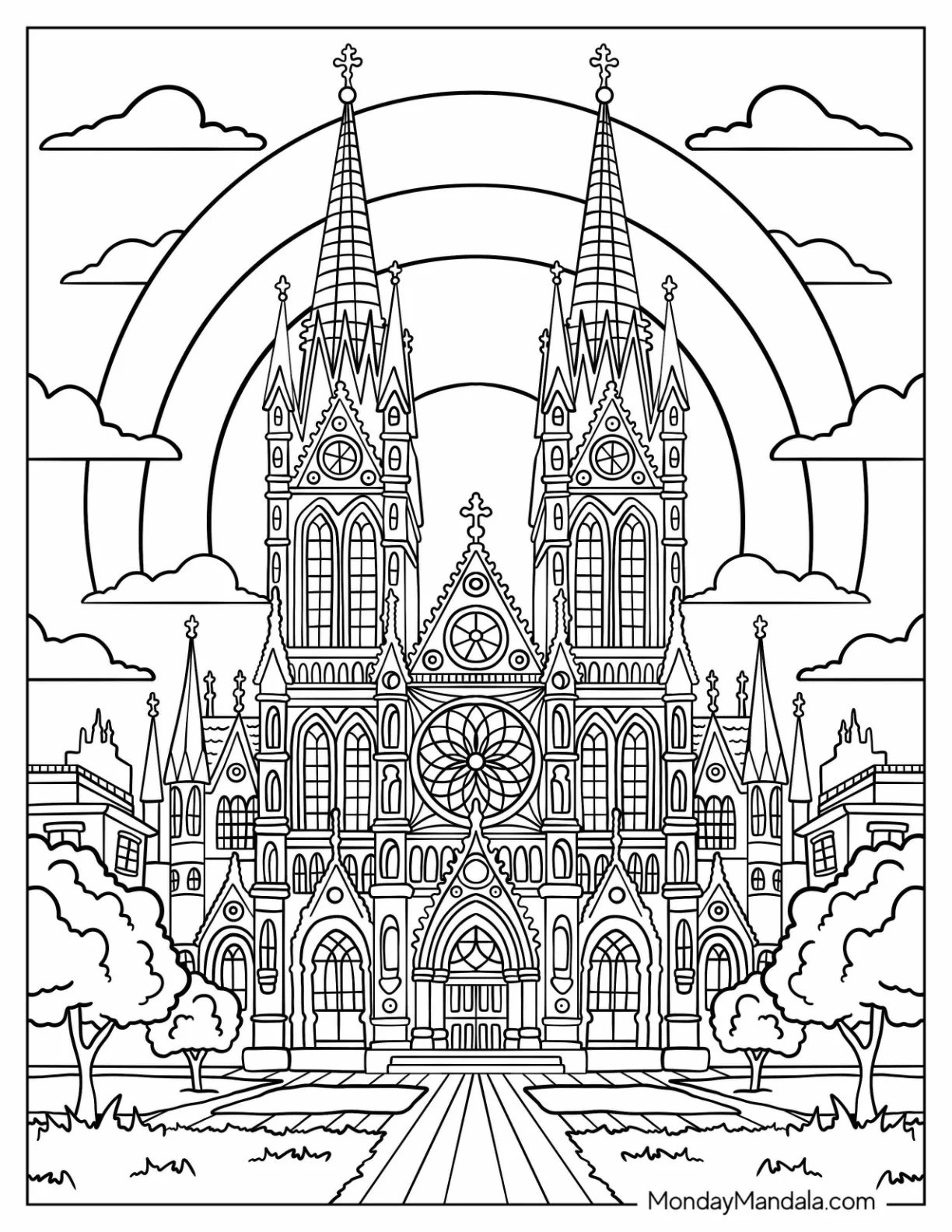 Gothic Cathedral Church Coloring Page with Rainbow and Twin Spires coloring page