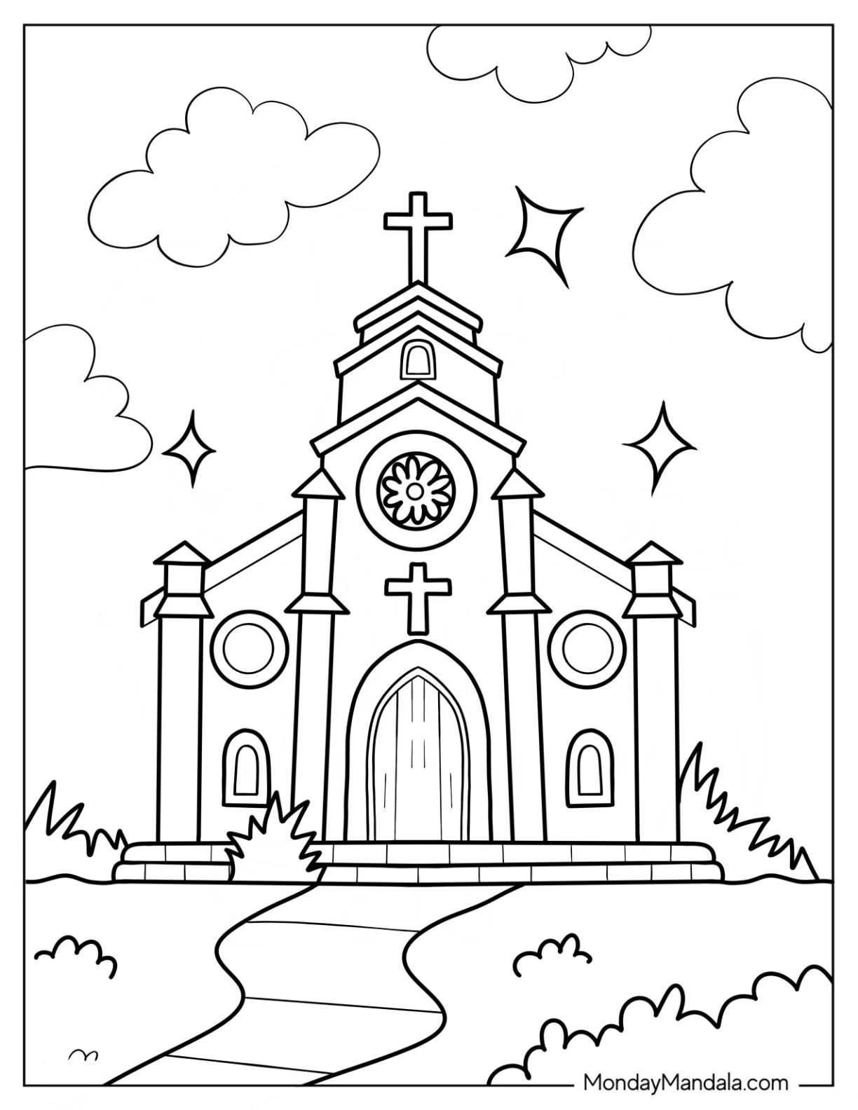 Large Catholic Church Coloring Page With A Walkway For Kids coloring page