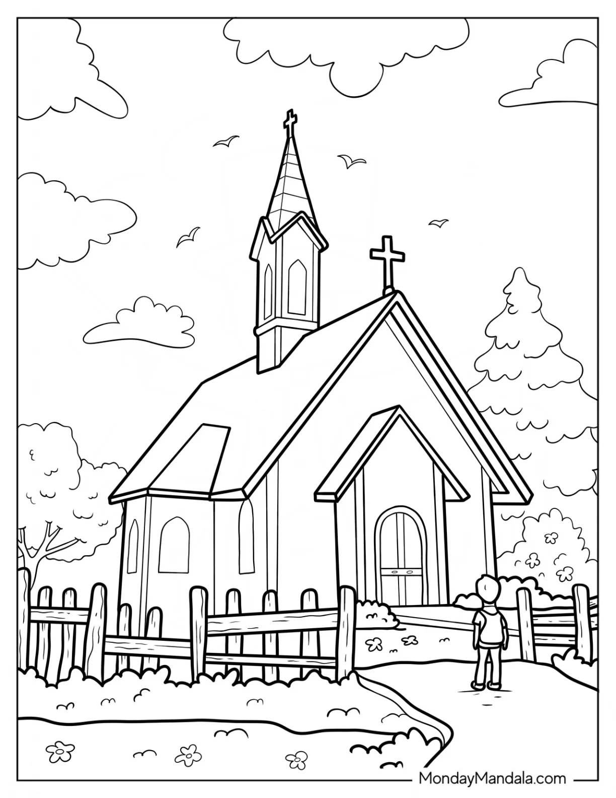 Little Boy Standing In Front Of A Church Coloring Page coloring page