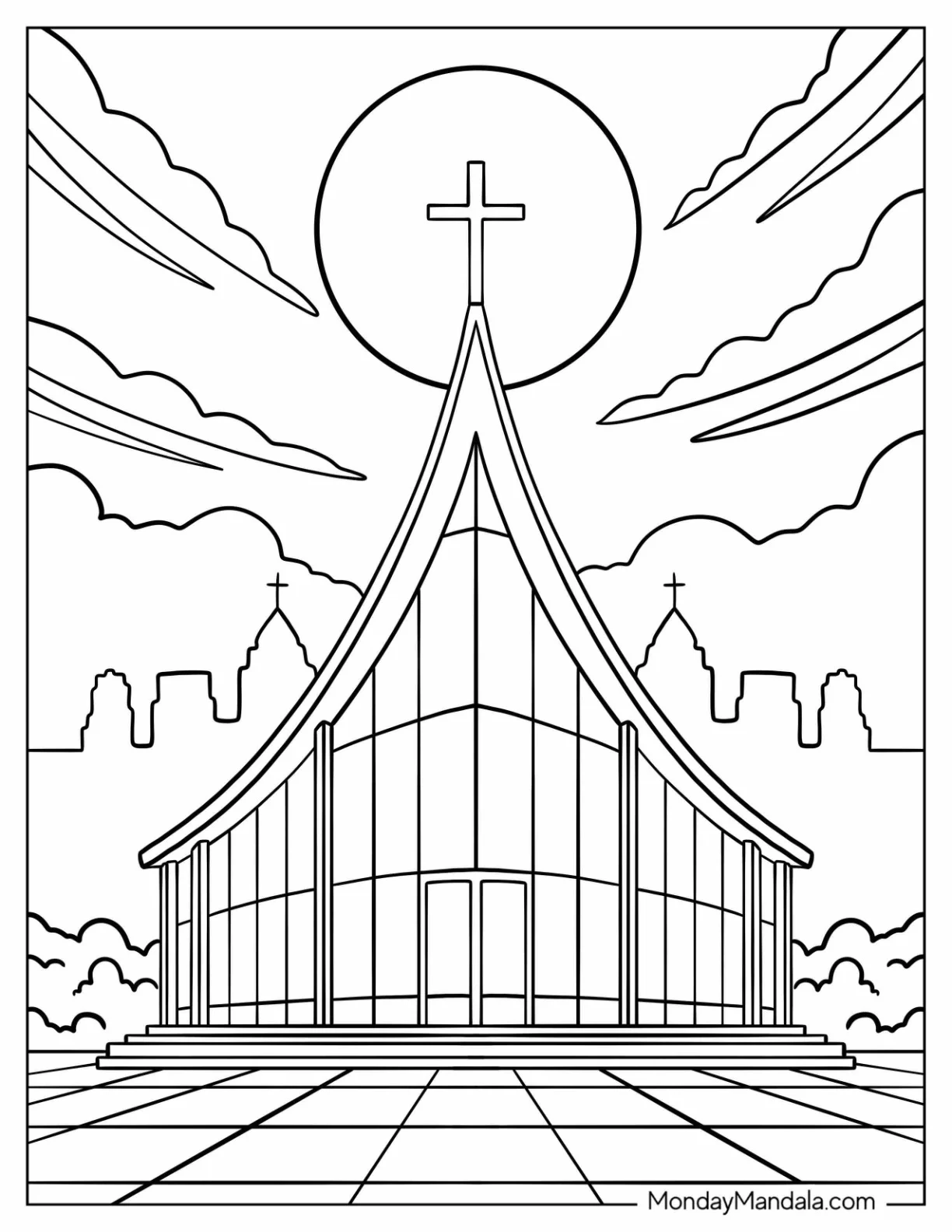 Modern Glass Church Coloring Page with Cross and Skyline coloring page