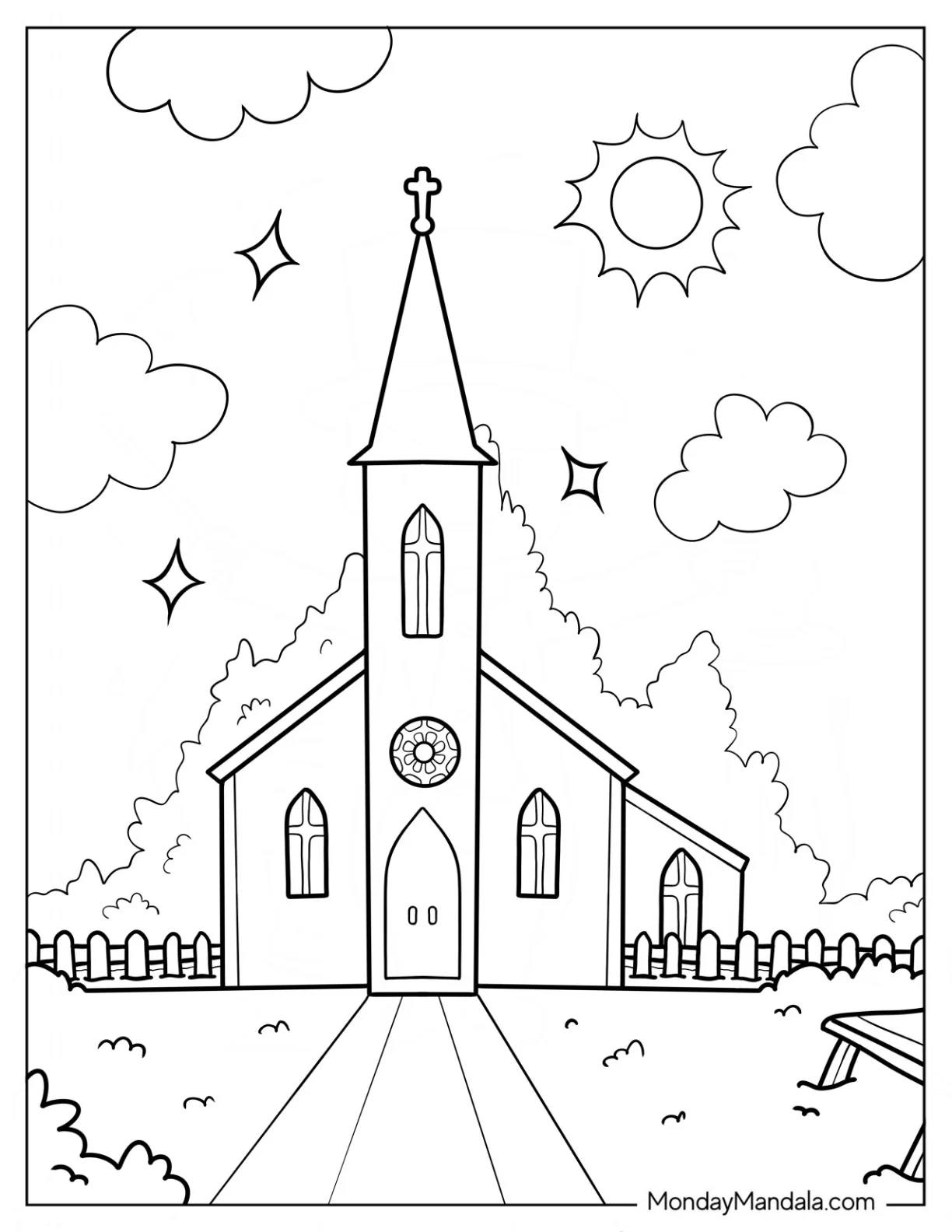 Old Church Coloring Page With A Fence coloring page — printable line art