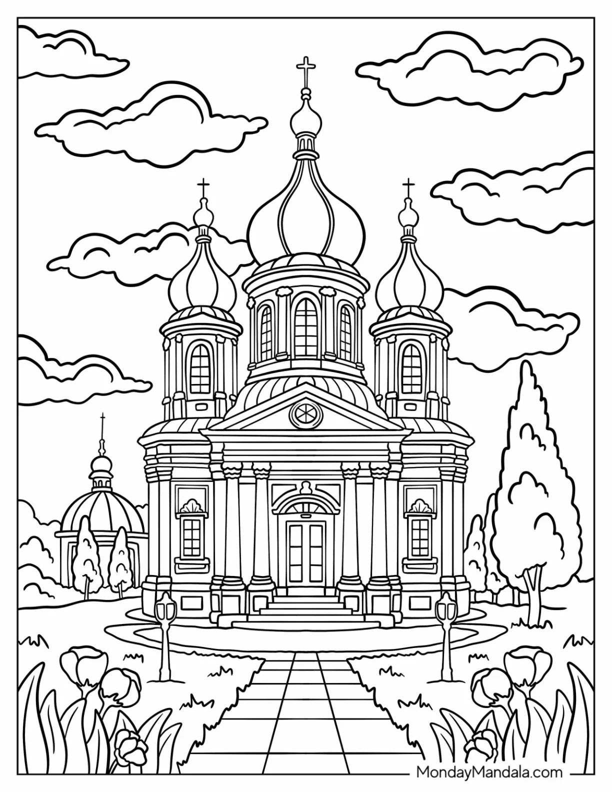 Ornate Orthodox Church Coloring Page with Onion Domes and Garden Path coloring page