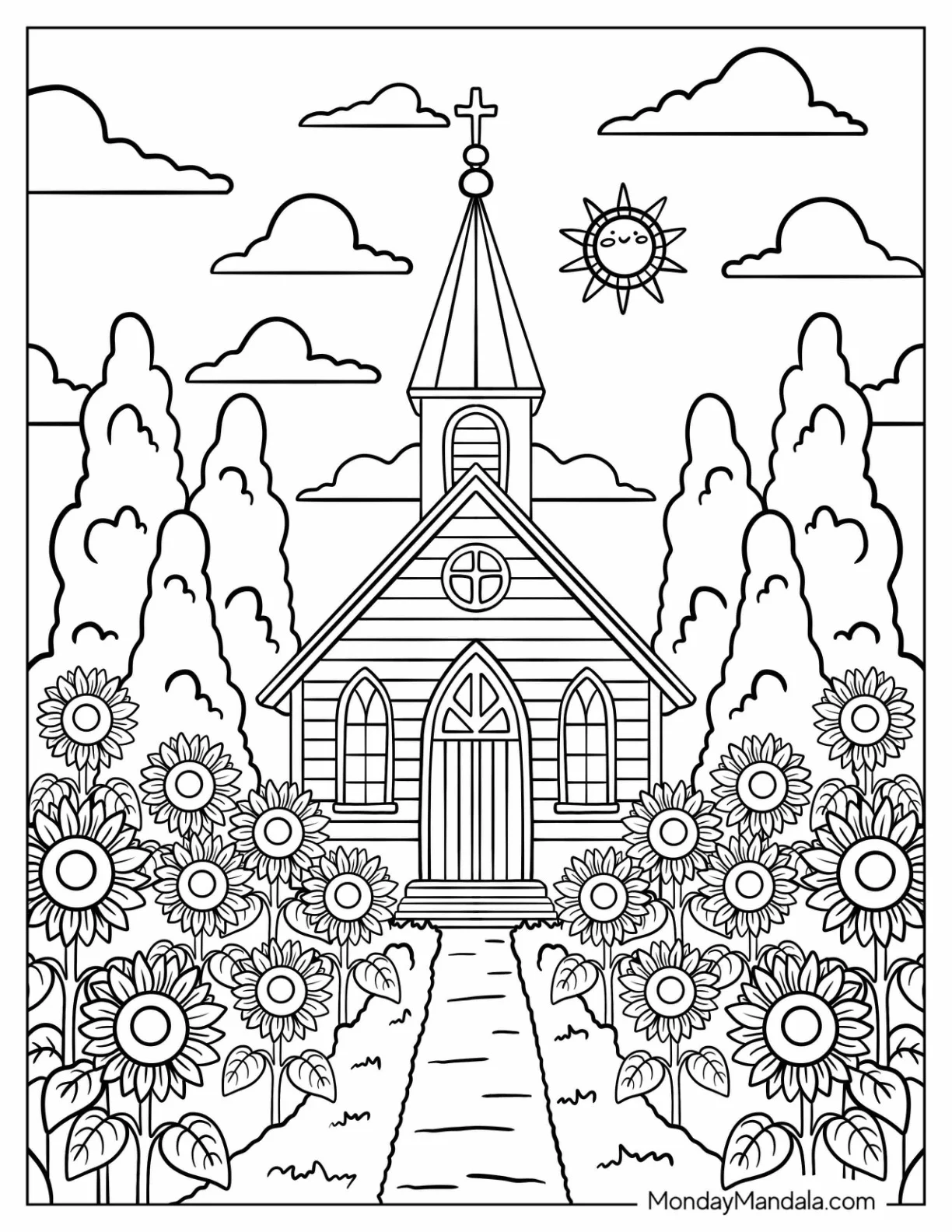 Peaceful Church Coloring Page Surrounded by Sunflowers coloring page — printable line art