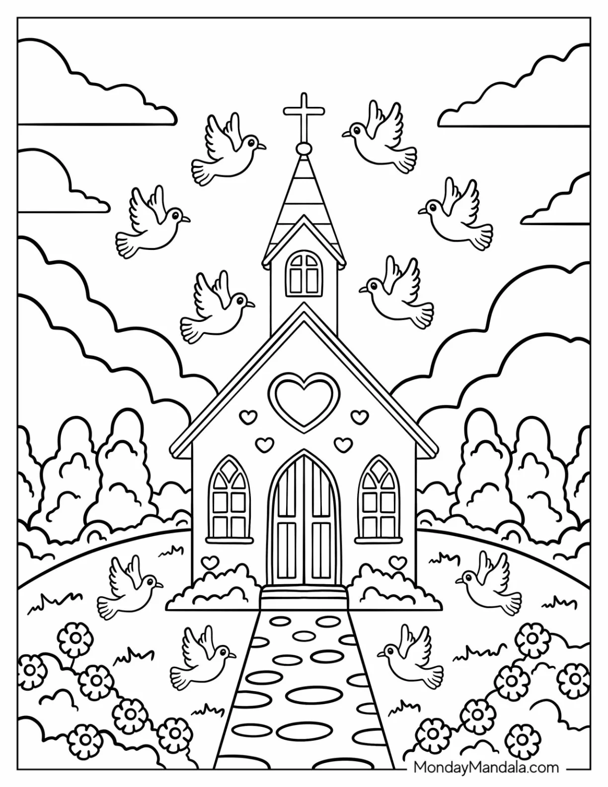 Pretty Church Coloring Page with Love Hearts and Birds coloring page — printable line art