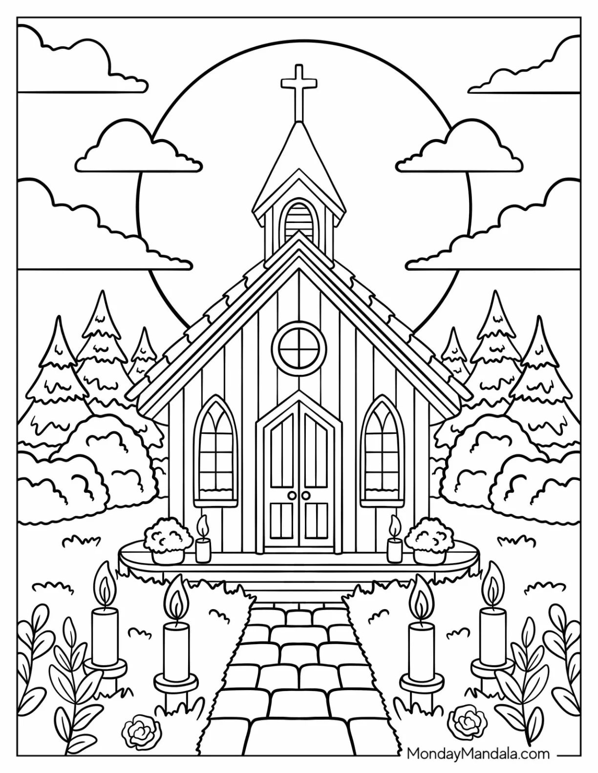 Quiet Forest Church Coloring Page with Flowers and Lighted Candles coloring page — printable line art