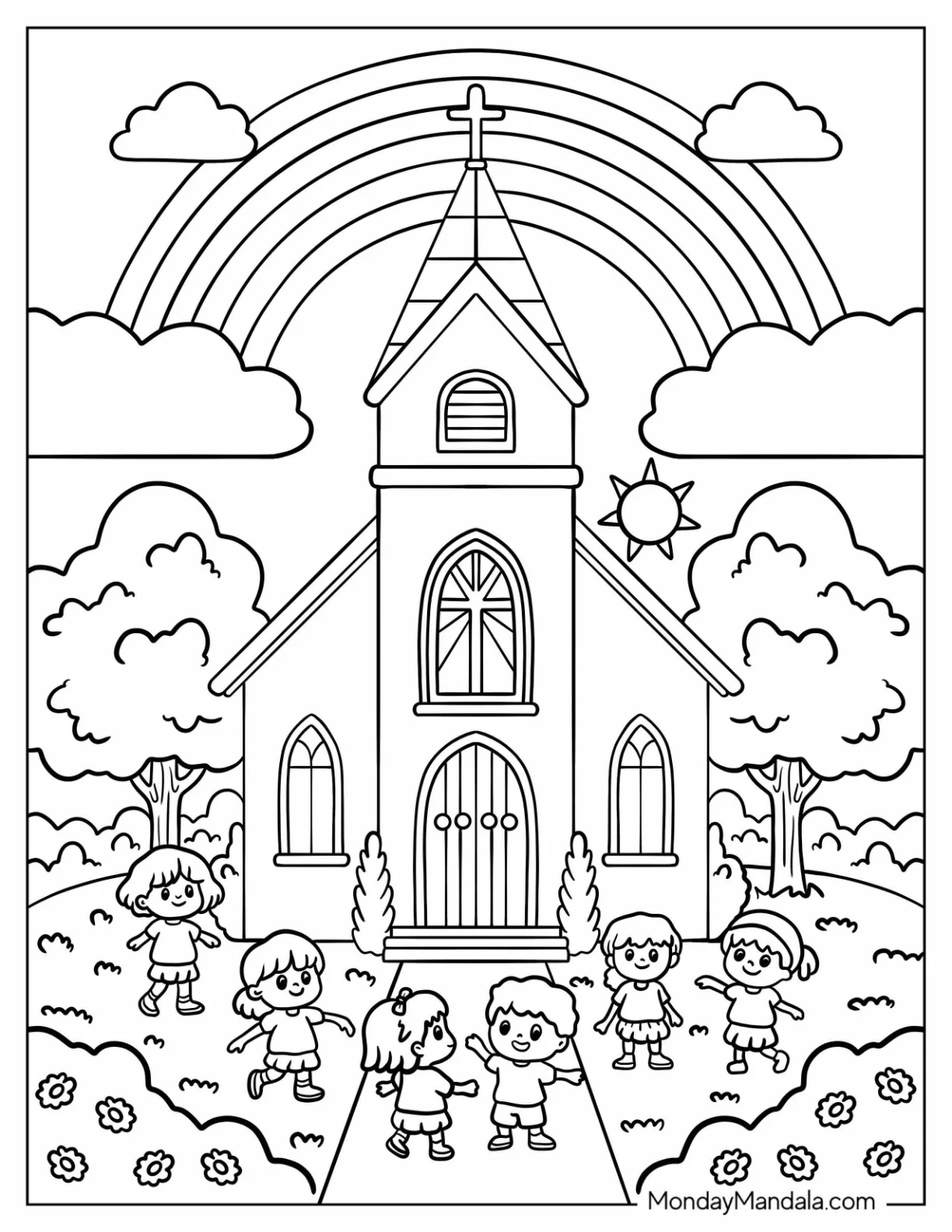 Rainbow Over Church Coloring Page with Children Playing in Flower Garden for Kids coloring page — printable line art
