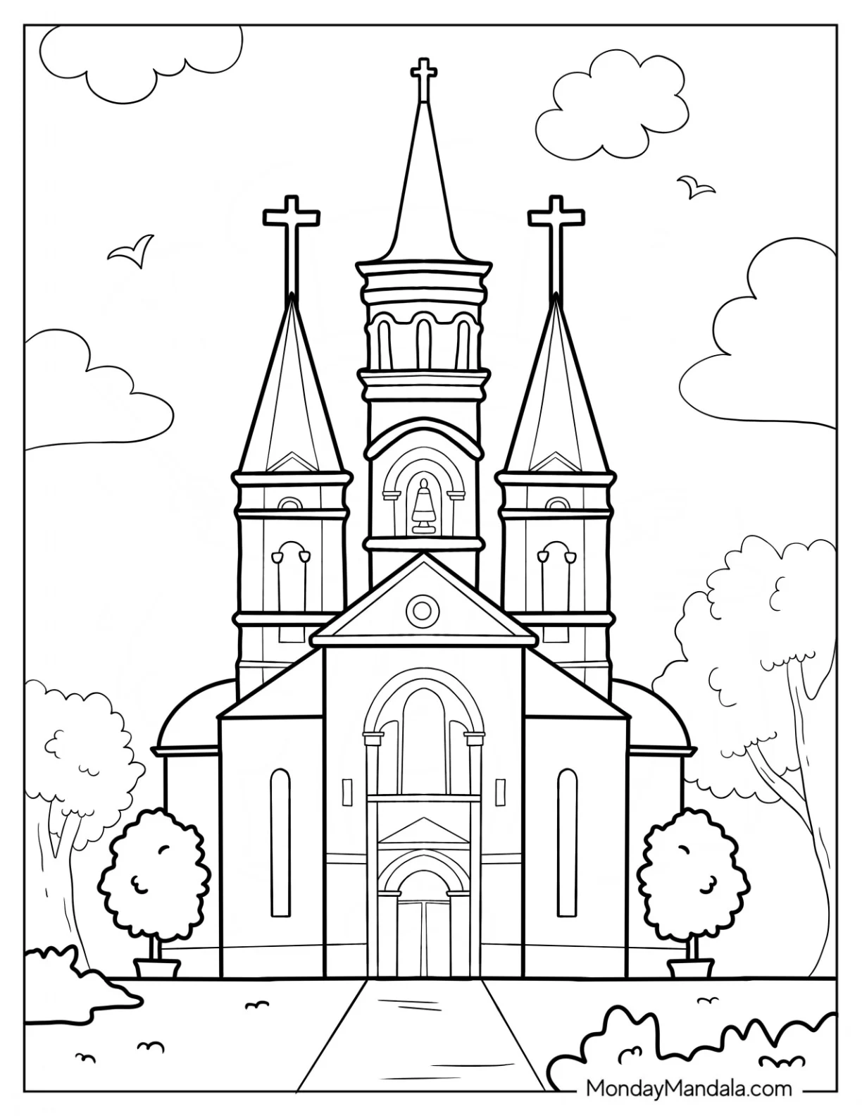 Realistic Church Coloring Page With Three Crosses At The Top coloring page