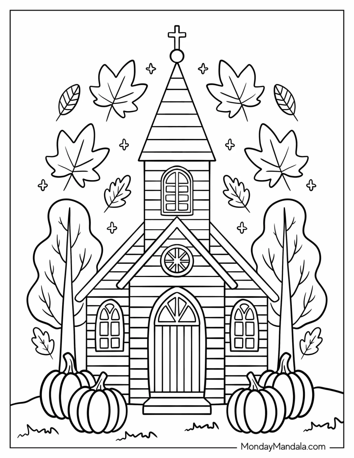 Rustic Church Coloring Page in Fall Season with Leafy Trees and Gourds for Kids coloring page — printable line art