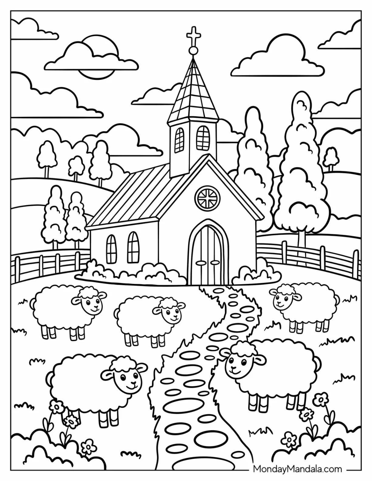 Sheep in Field Around Countryside Church Coloring Page with Trees and Clouds coloring page