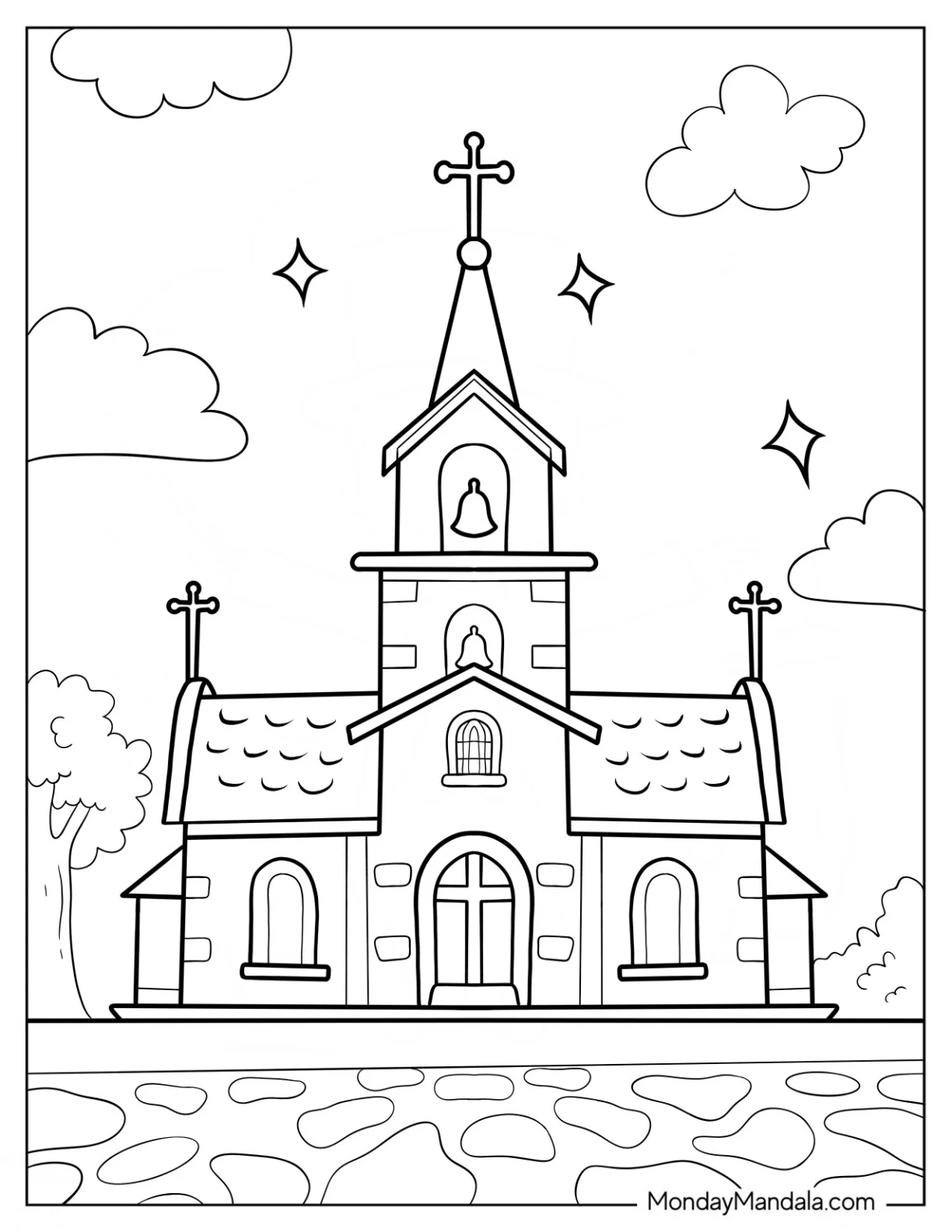 Simple Church Coloring Page With Crosses And Bells For Kids coloring page — printable line art